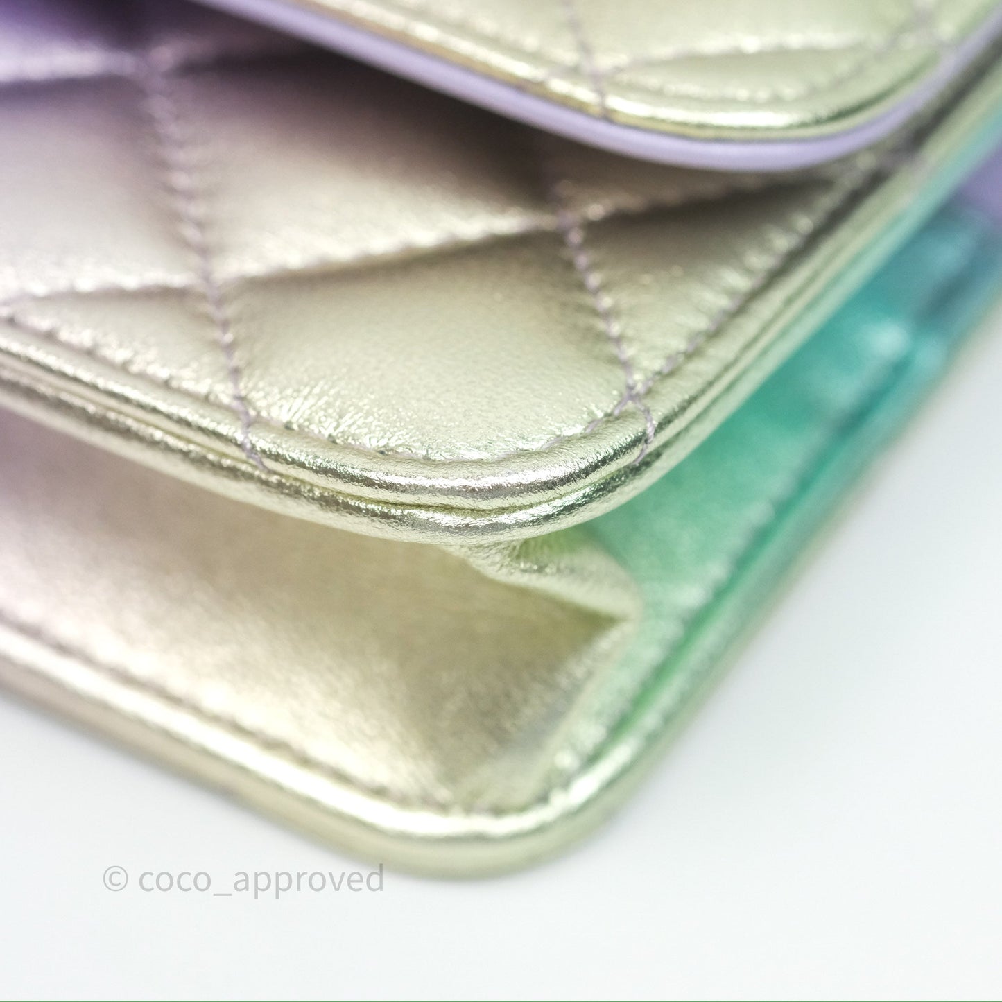 Chanel Quilted Phone Holder with Chain Metallic Rainbow Lambskin Aged Gold Hardware 24C