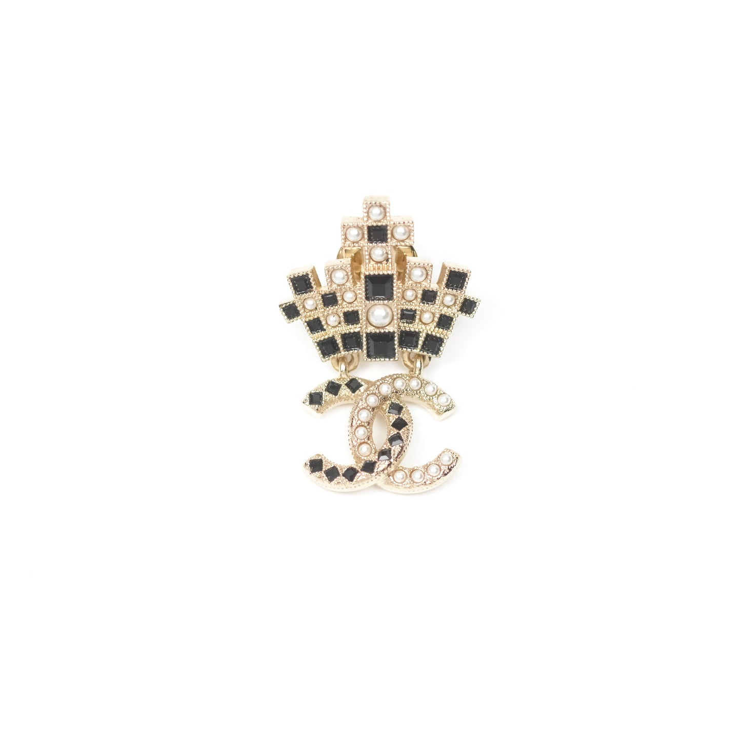 Chanel Pearl Black Resin Drop CC Brooch Gold Tone 21A