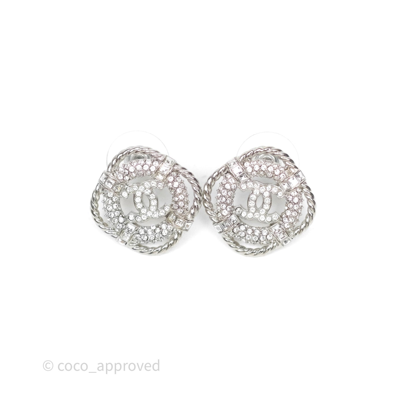 Chanel Crystal CC Square Round Earrings Silver Tone 19C