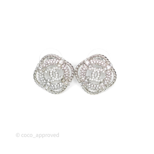 Chanel Crystal CC Square Round Earrings Silver Tone 19C