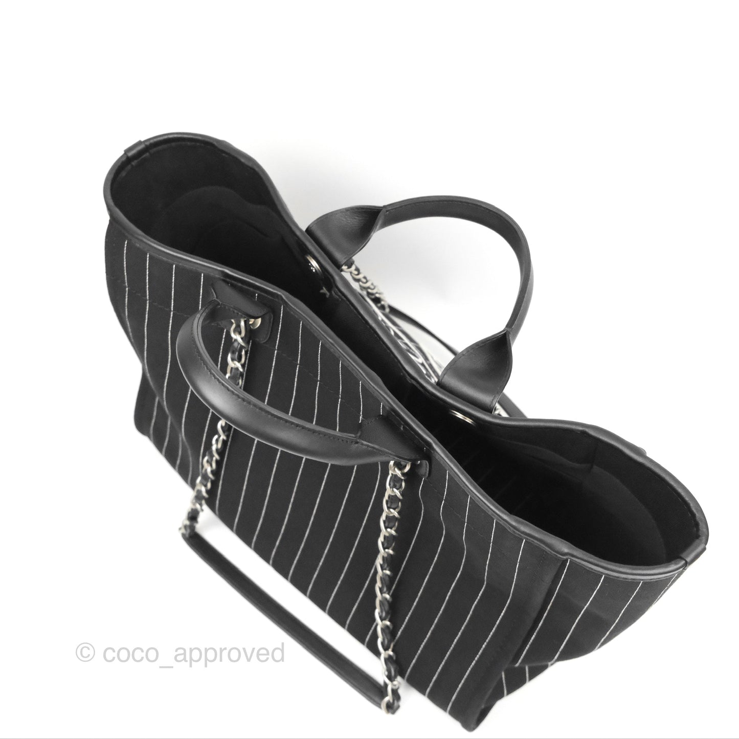 Chanel Large Deauville Black White Striped Canvas Aged Silver Hardware 23S