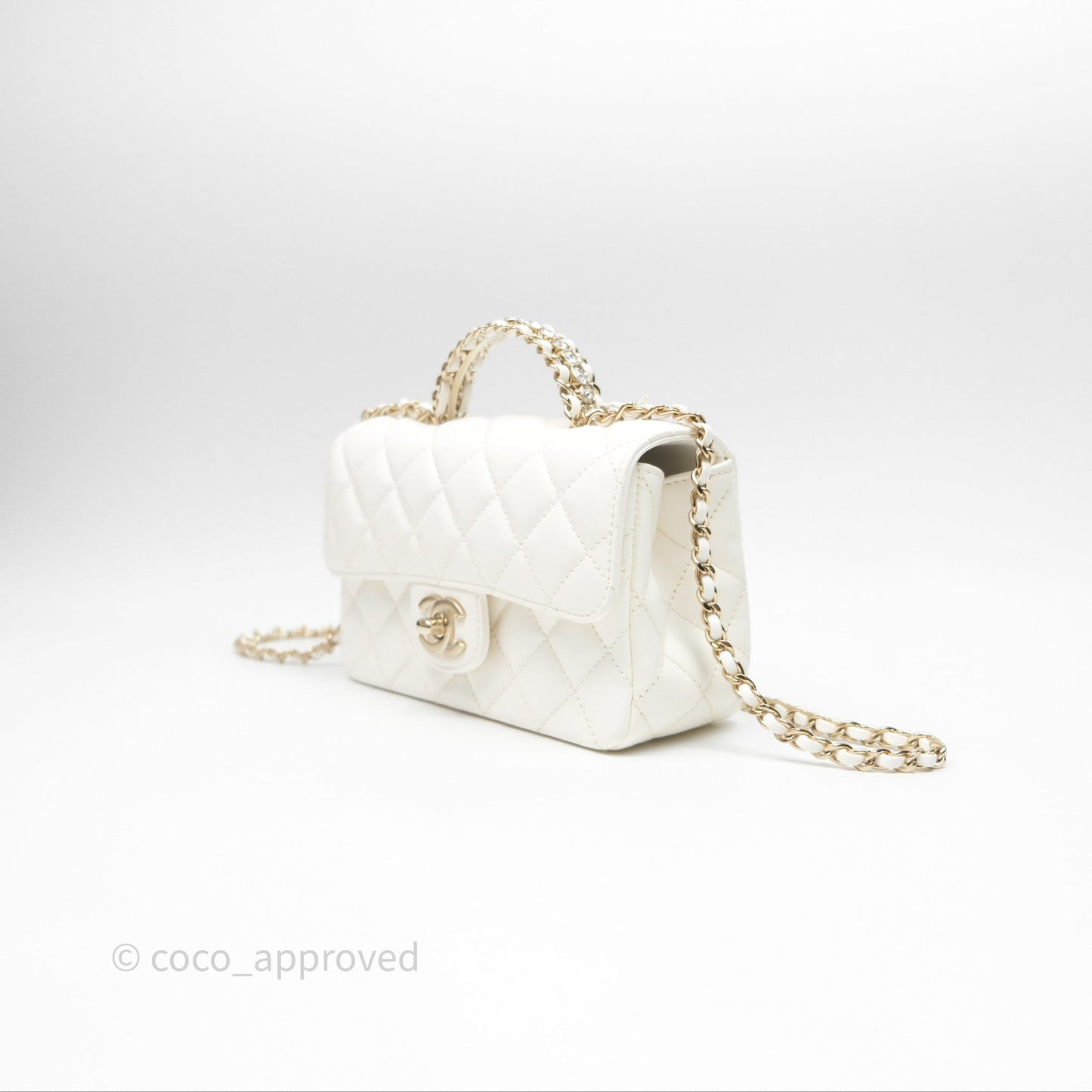 Chanel Crystals Top Handle Mini Rectangular Flap Bag White Lambskin Gold Hardware