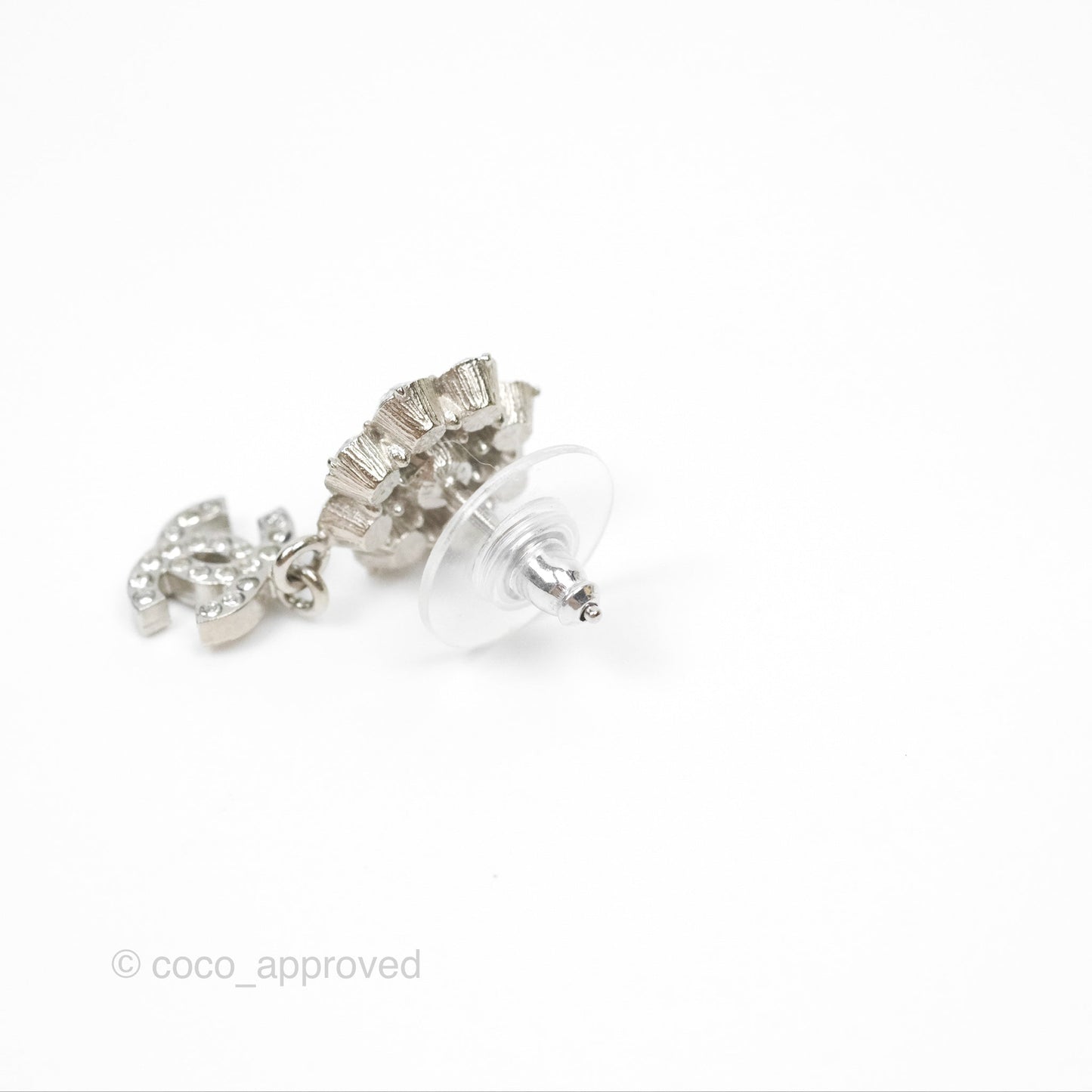 Chanel Crystal CC Flower Earrings Silver Tone 15A