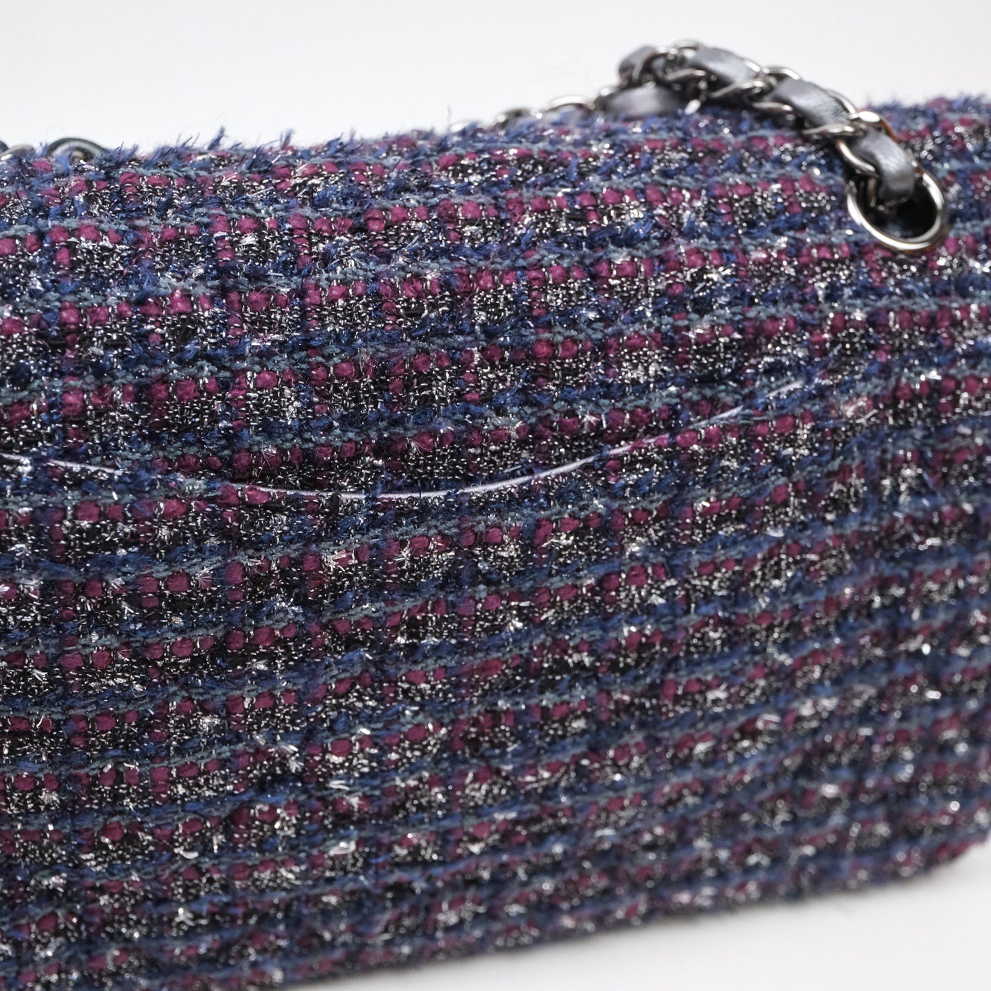 Chanel Classic M/L Medium Double Flap Purple Tweed Glitter Gun Metal