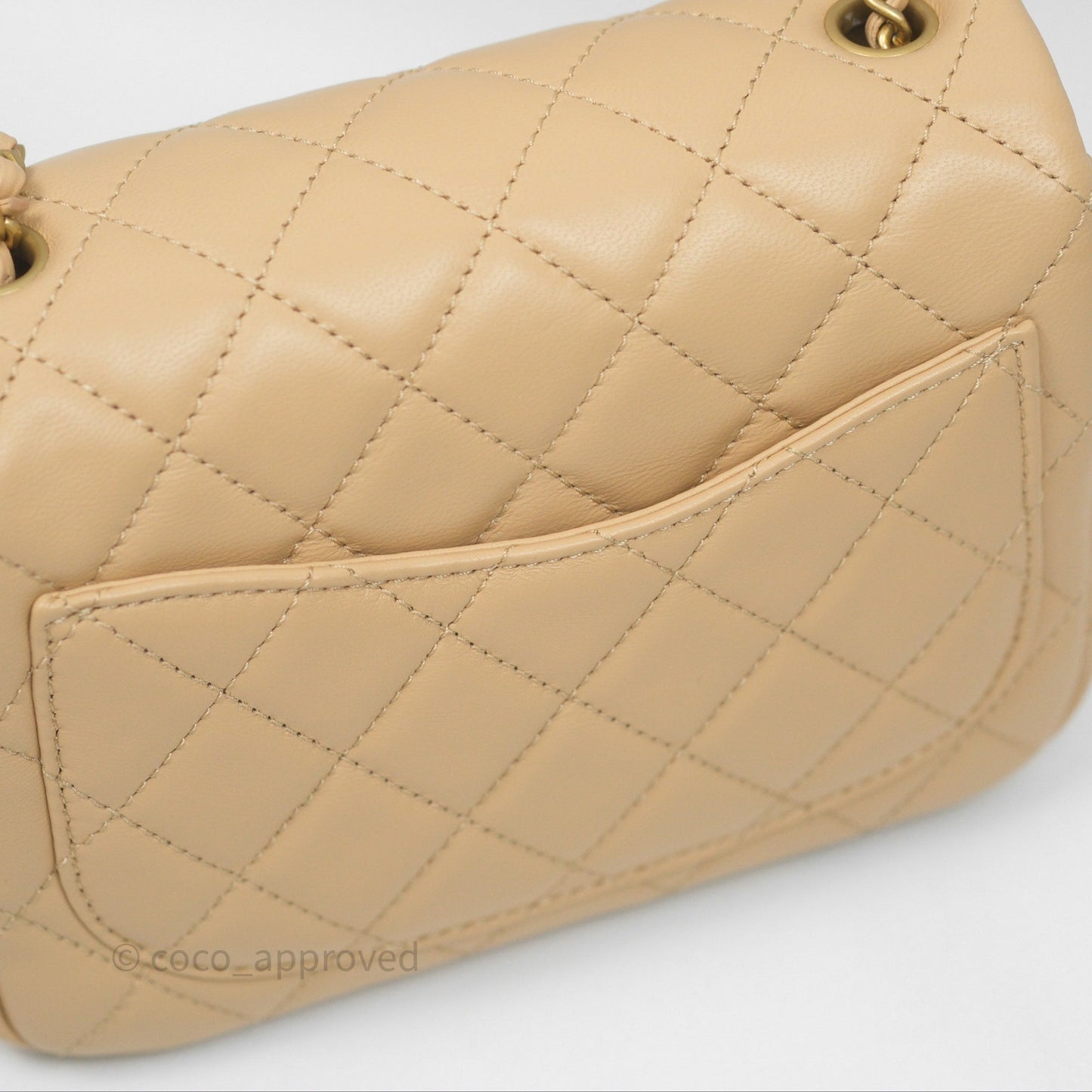 Chanel Pearl Crush Mini Square Quilted Beige Lambskin Aged Gold Hardware