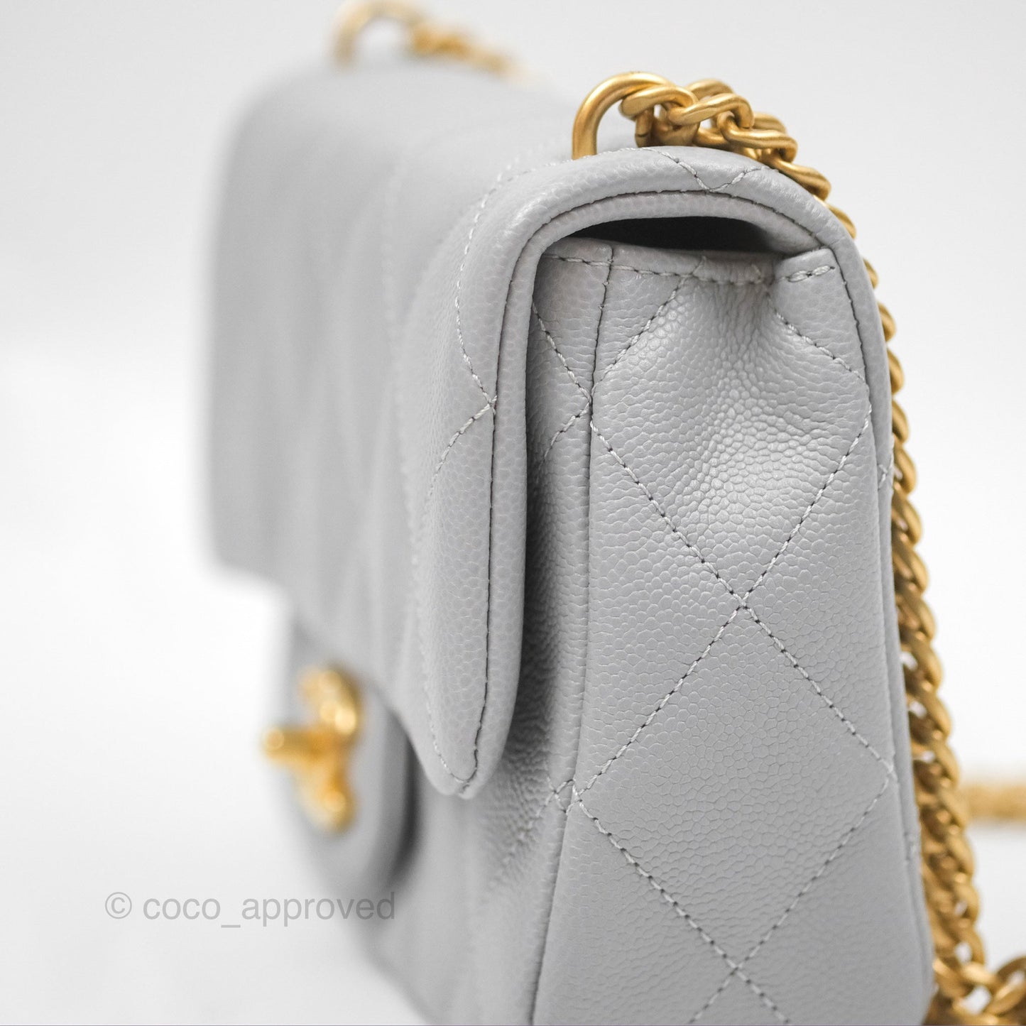 Chanel Mini Flap Bag Heart Adjustable Chain Grey Caviar Aged Gold Hardware 24P