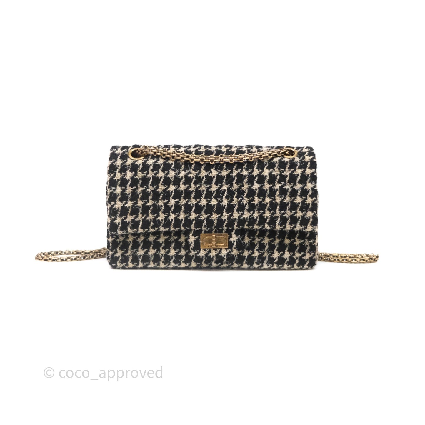 Chanel Reissue 225 Black Beige Houndstooth Tweed Antique Gold Hardware