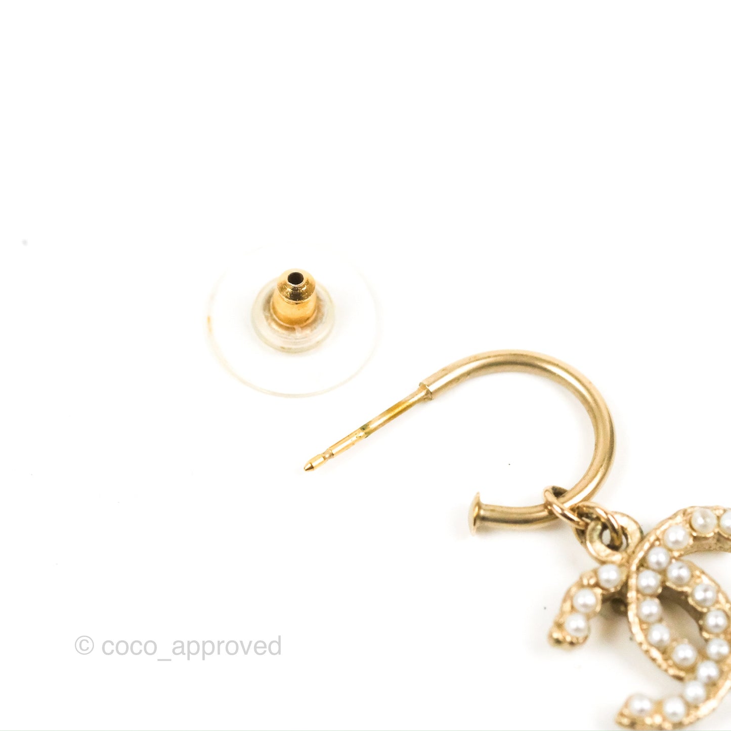 Chanel Pearl CC Drop Hoop Earrings Gold Tone 12A