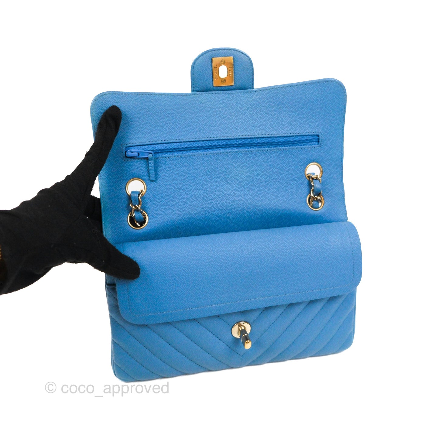 Chanel Small Classic Flap Chevron Blue Caviar Gold Hardware
