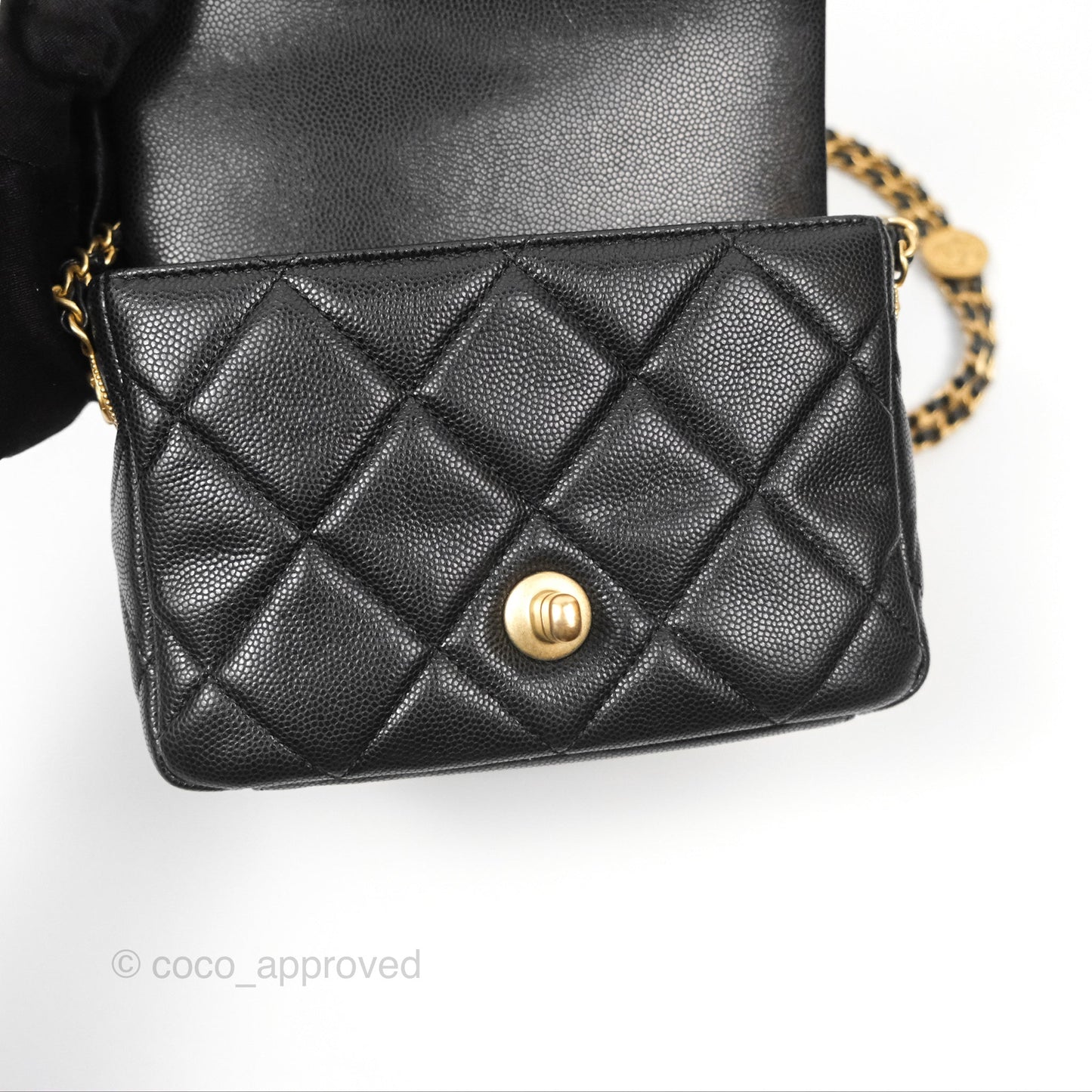 Chanel Mini Flap with Coin Charm Black Caviar Aged Gold Hardware 22A