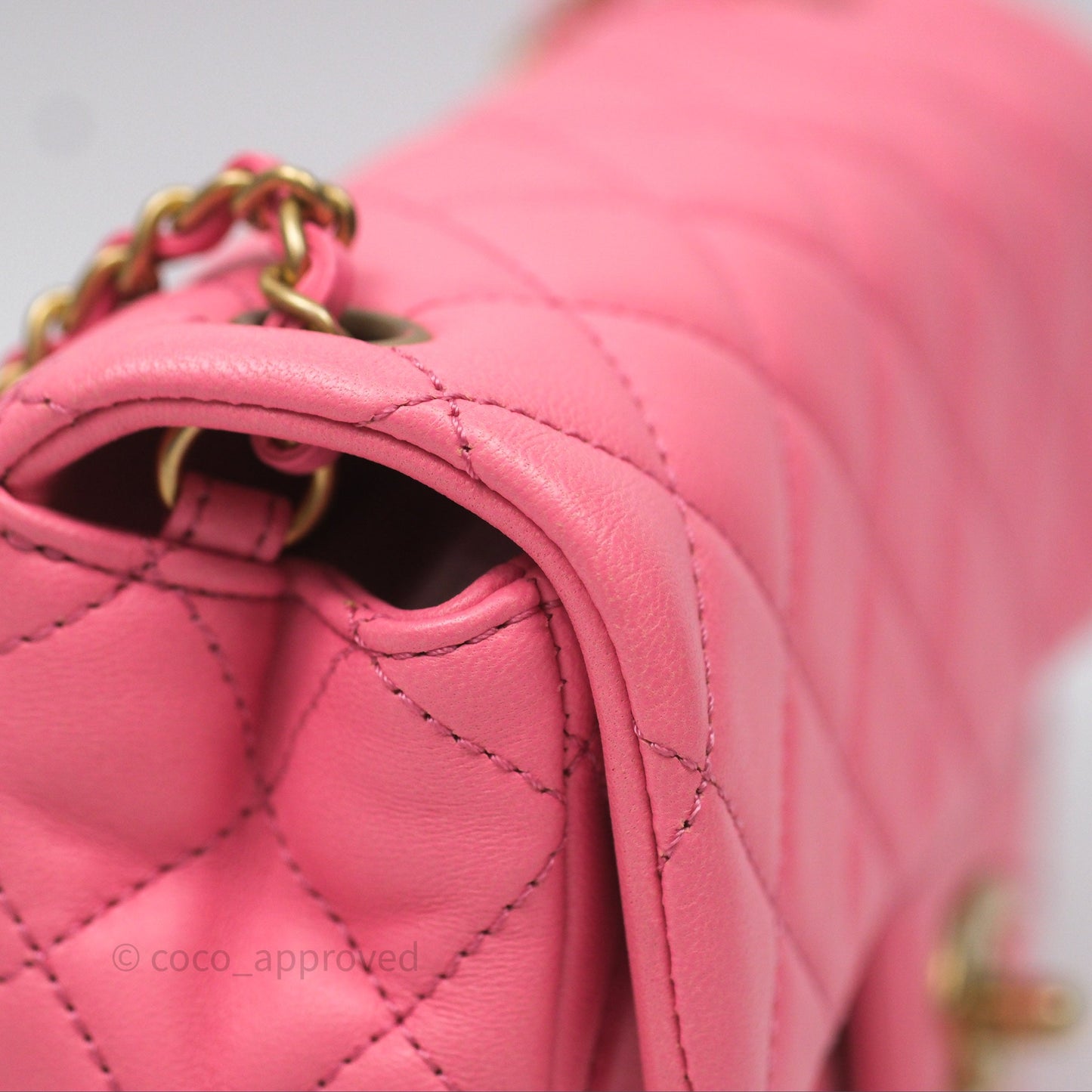 Chanel Mini Rectangular Pearl Crush Quilted Pink Lambskin Aged Gold Hardware