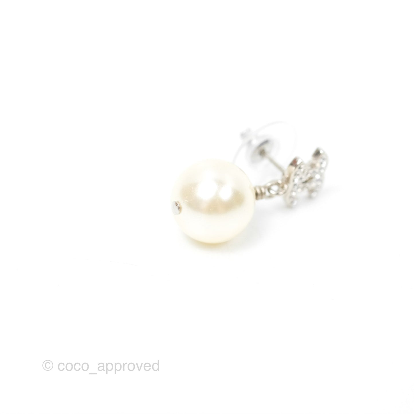 Chanel CC Rhinestone Pearl Drop Earrings Silver Tone