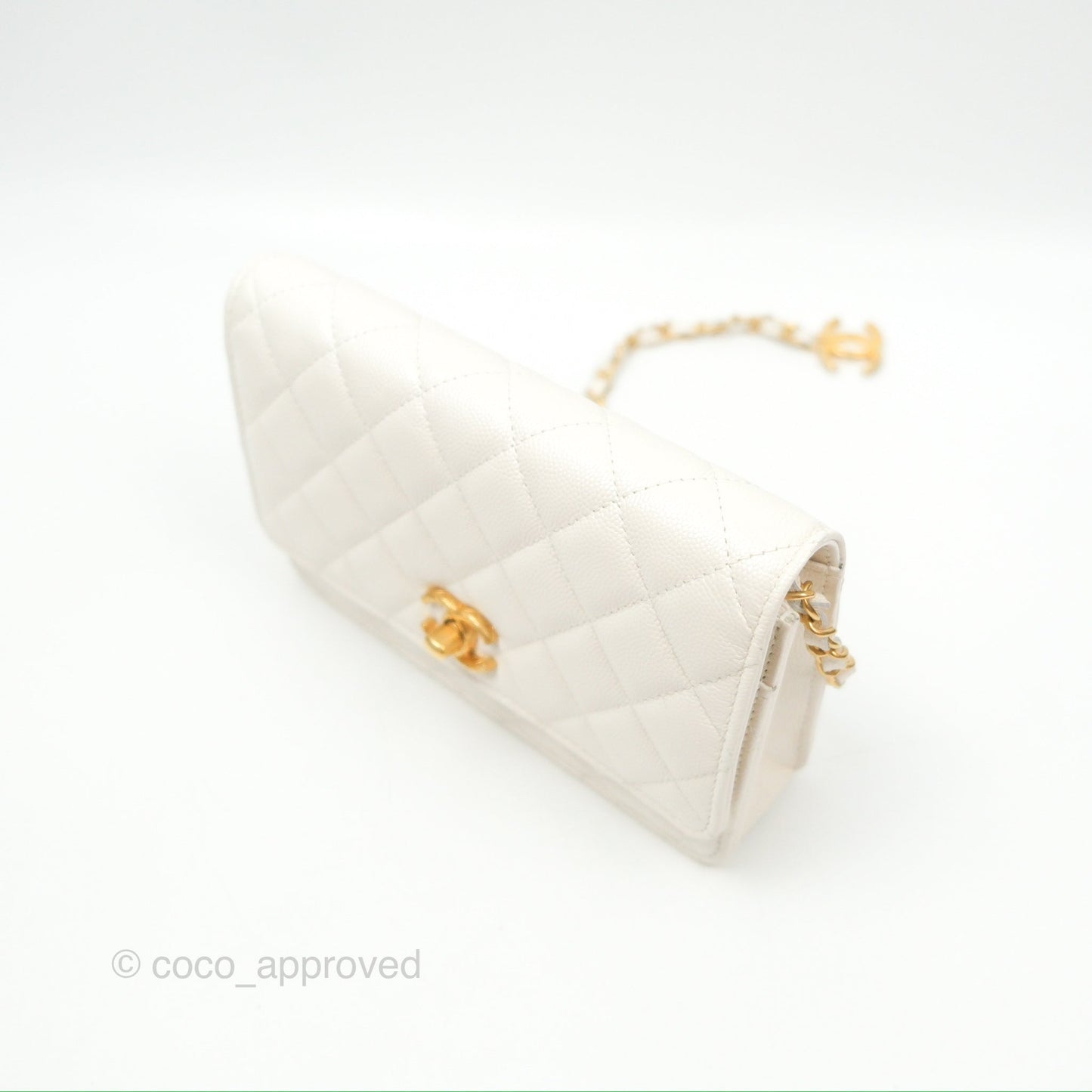 Chanel Wallet On Chain WOC Adjustable CC Chain Iridescent White Caviar Aged Gold Hardware
