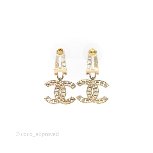 Chanel Pearl CC Crystal Double Hoop Earrings Gold Tone 21B