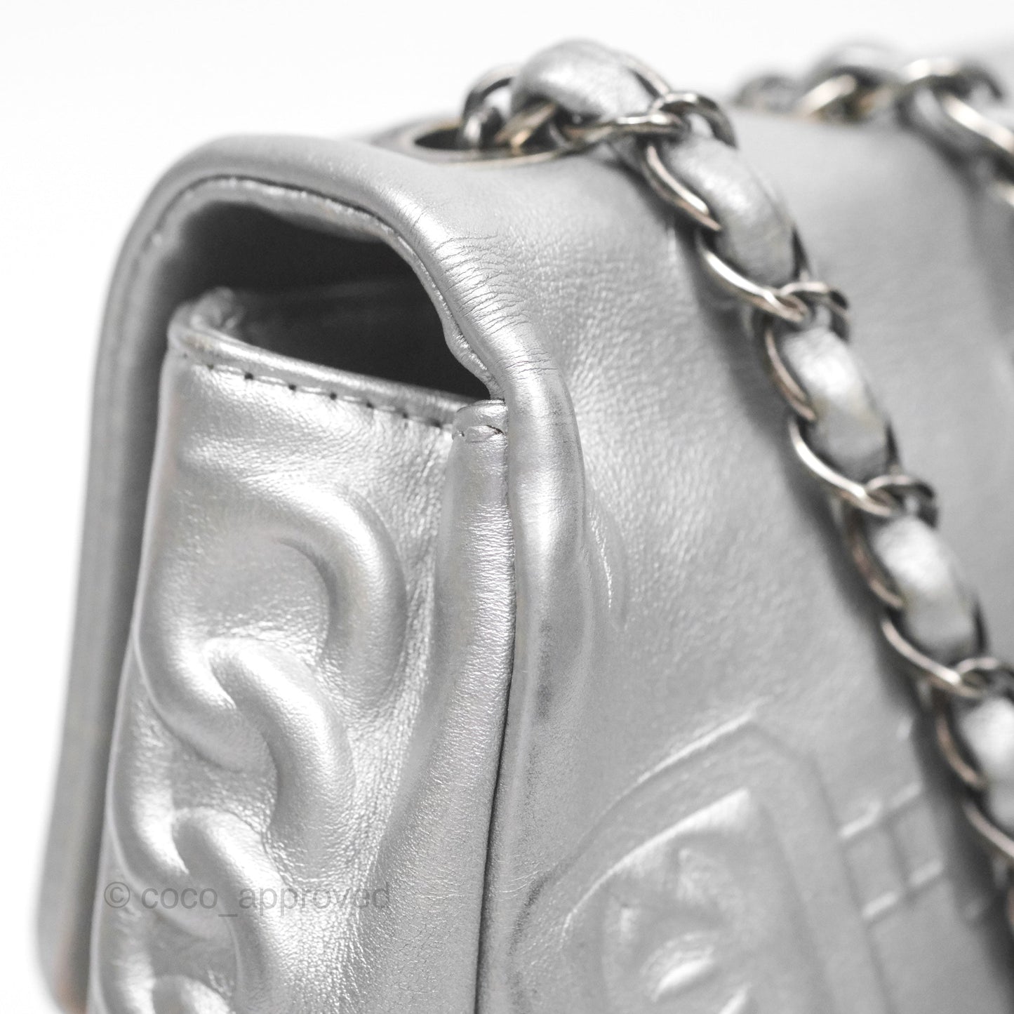 Chanel Medium Single Flap Embossed Metallic Silver Lambskin Ruthenium Hardware