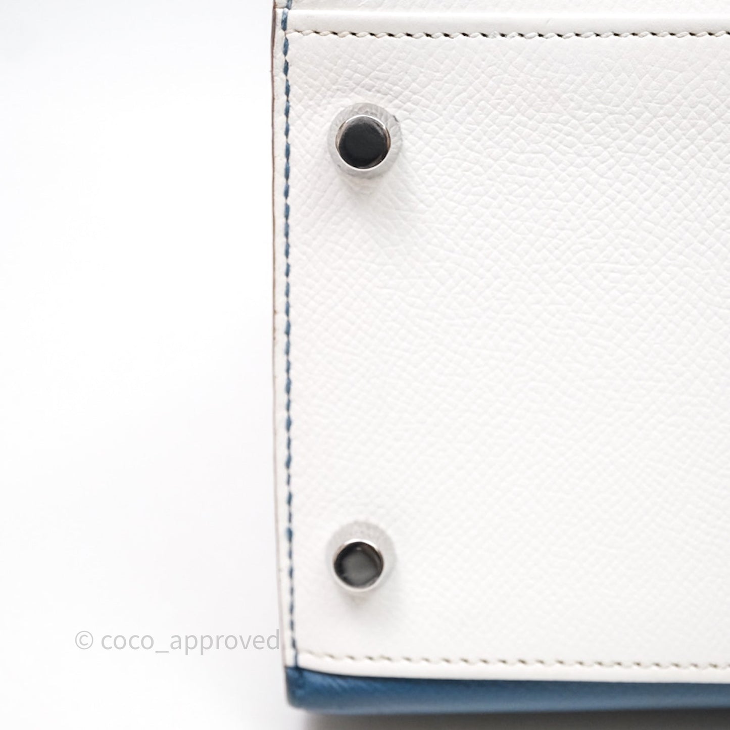 Hermès Kelly 32 Sellier Bleu Thalassa 7A/ White Epsom Palladium Hardware