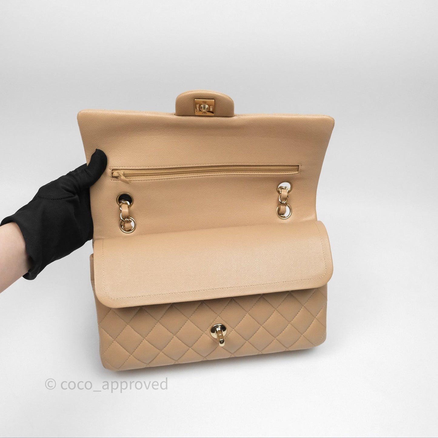 Chanel Classic M/L Medium Double Flap Dark Beige Caviar Gold Hardware 19B