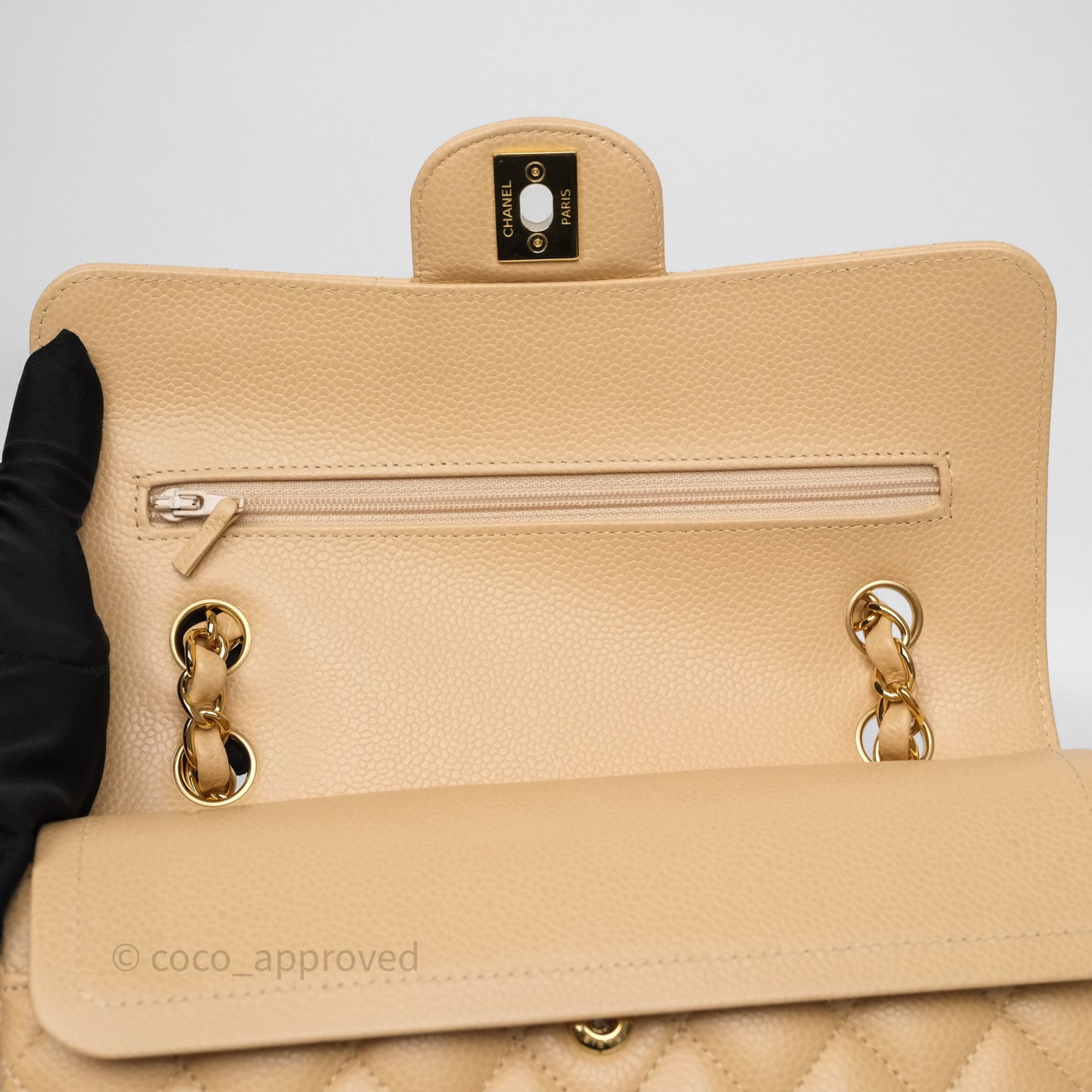 Chanel Small Classic Flap Quilted Beige Caviar Gold Hardware
