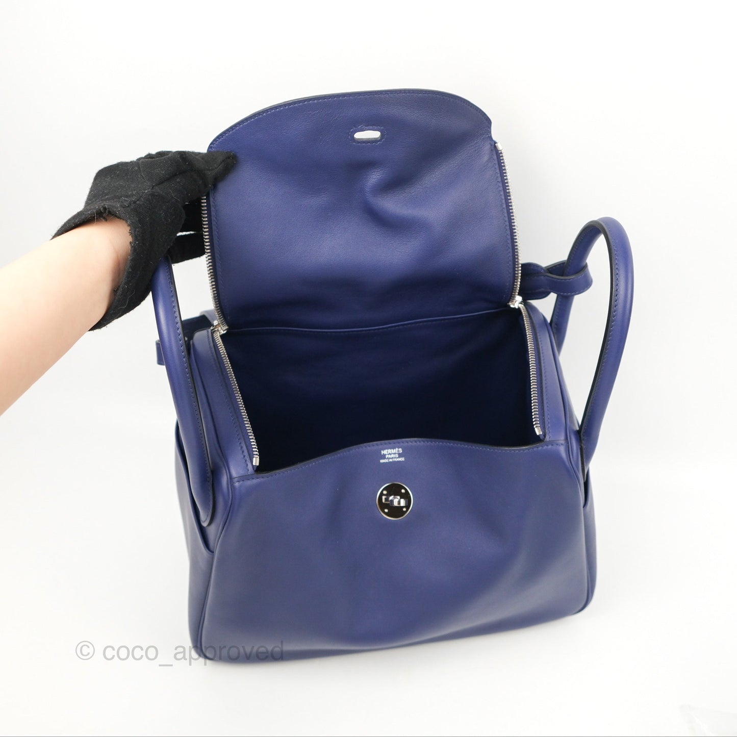 Hermès Lindy Tressage De Cuir 30 Bleu Encre/Brique/Black Swift Palladium Hardware