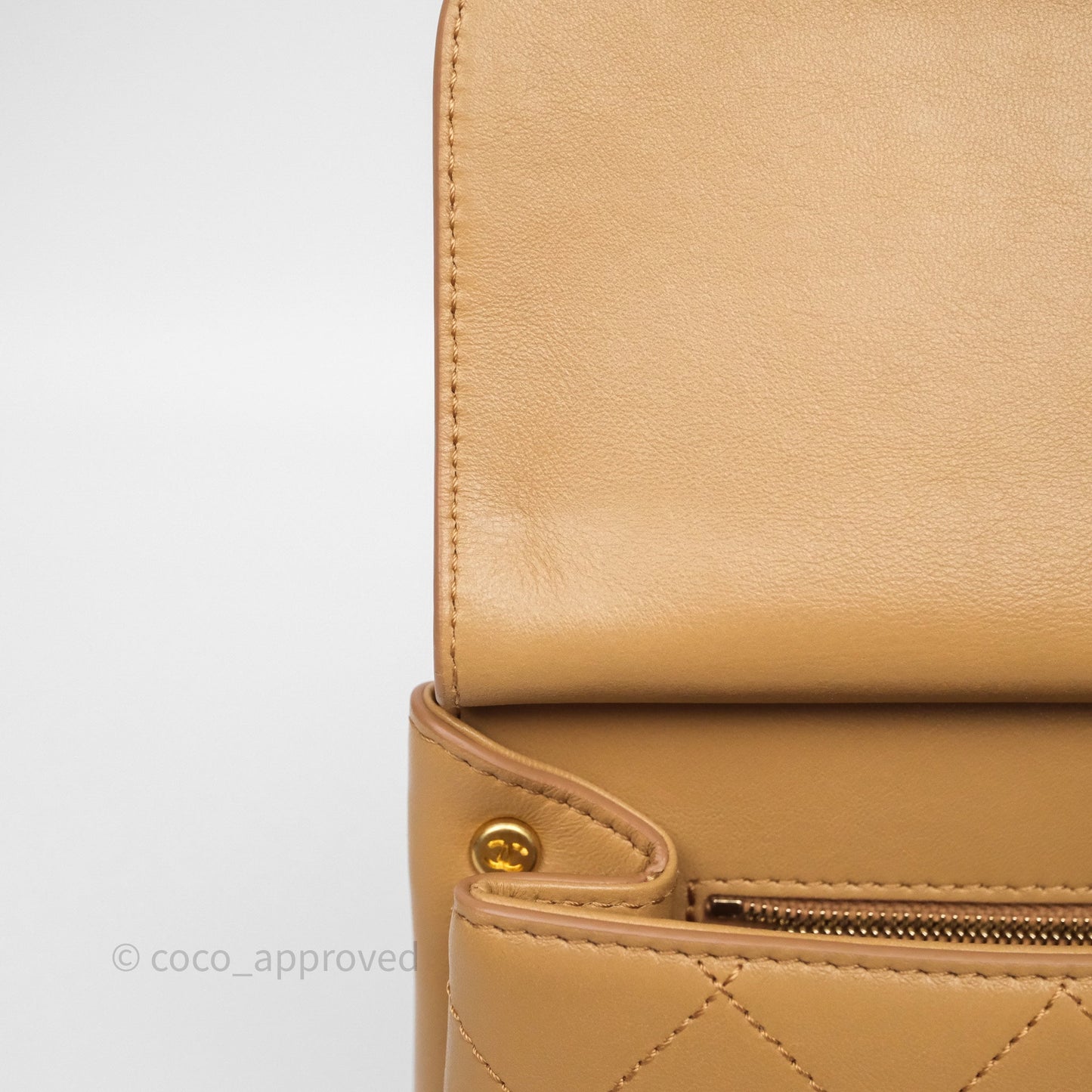 Chanel Small Coco Luxe Flap Bag Caramel Beige Calfskin Aged Gold Hardware