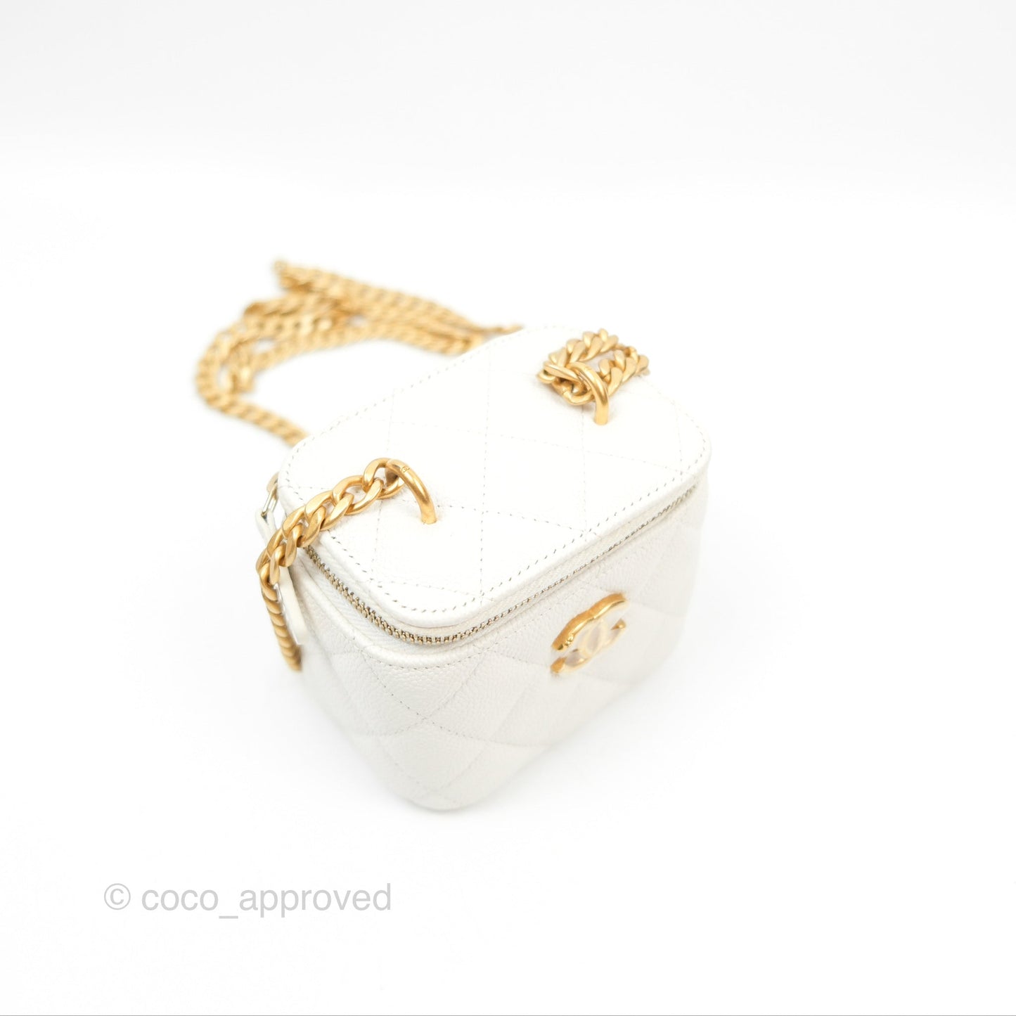 Chanel Quilted Heart Crush Mini Vanity With Chain White Caviar Aged Gold Hardware