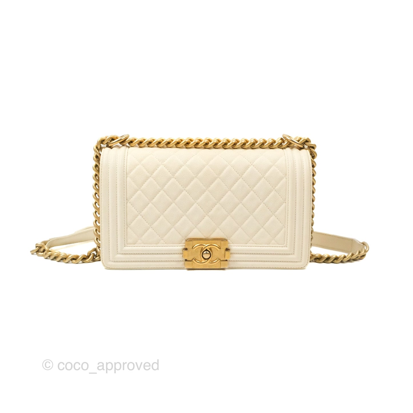 Chanel Medium Boy Quilted Ivory Caviar Aged Gold Hardware