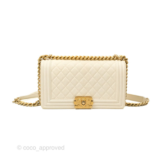 Chanel Medium Boy Quilted Ivory Caviar Aged Gold Hardware