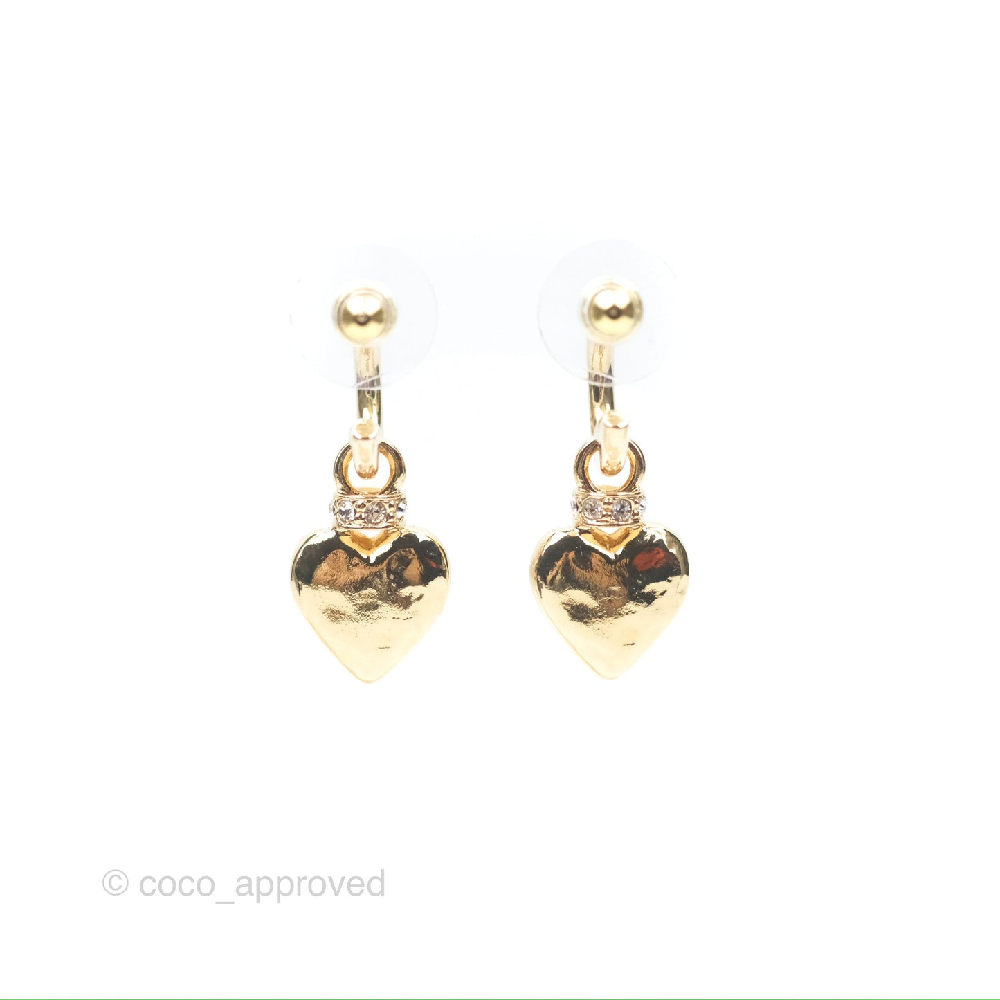 Chanel Heart CC Crystal Drop Hoop Earrings Gold Tone 24P
