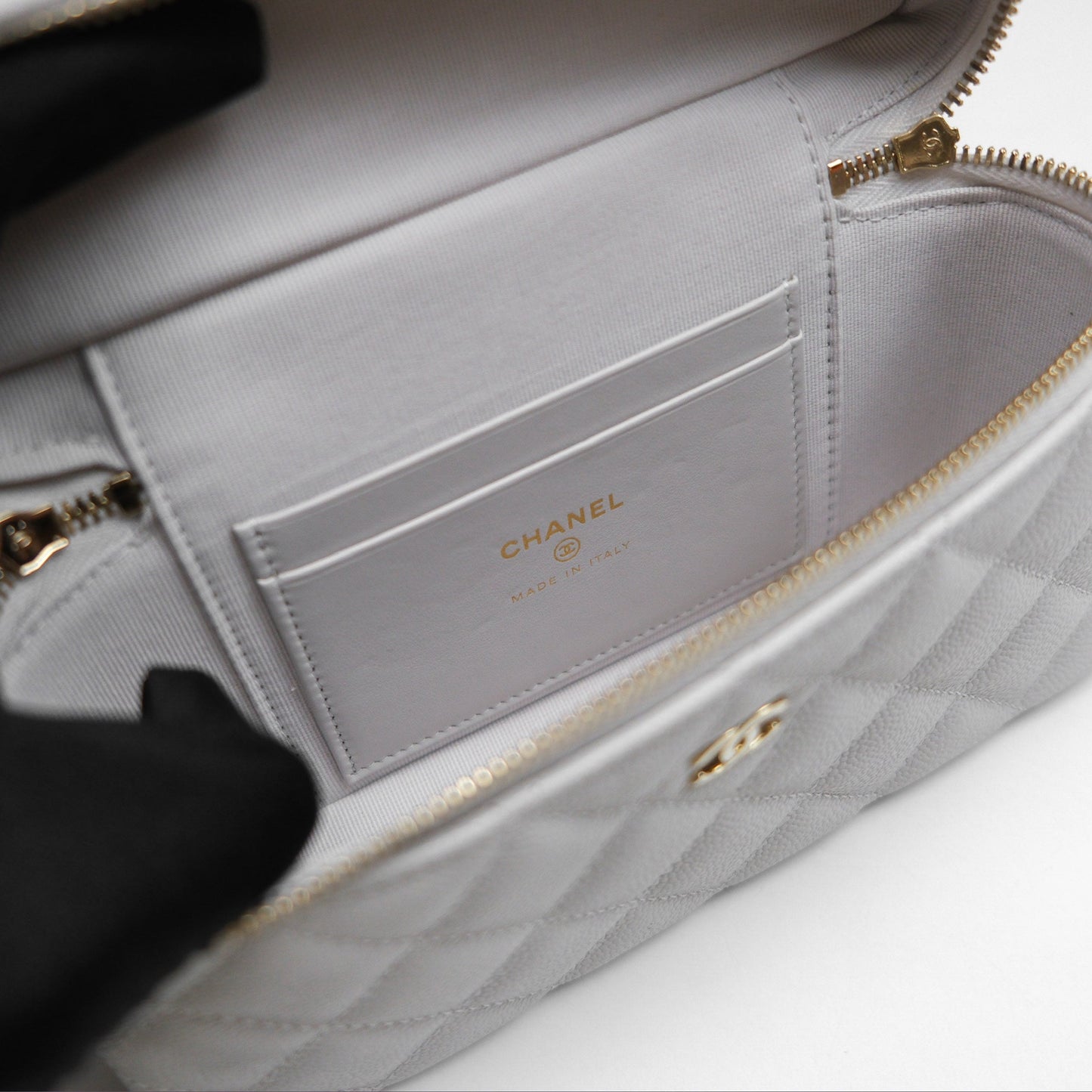 Chanel Top Handle Long Vanity with Chain Light Grey Caviar Gold Hardware