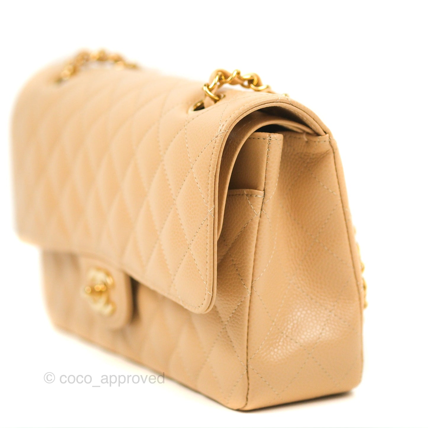 Chanel Classic M/L Medium Flap Quilted Beige Caviar Gold Hardware