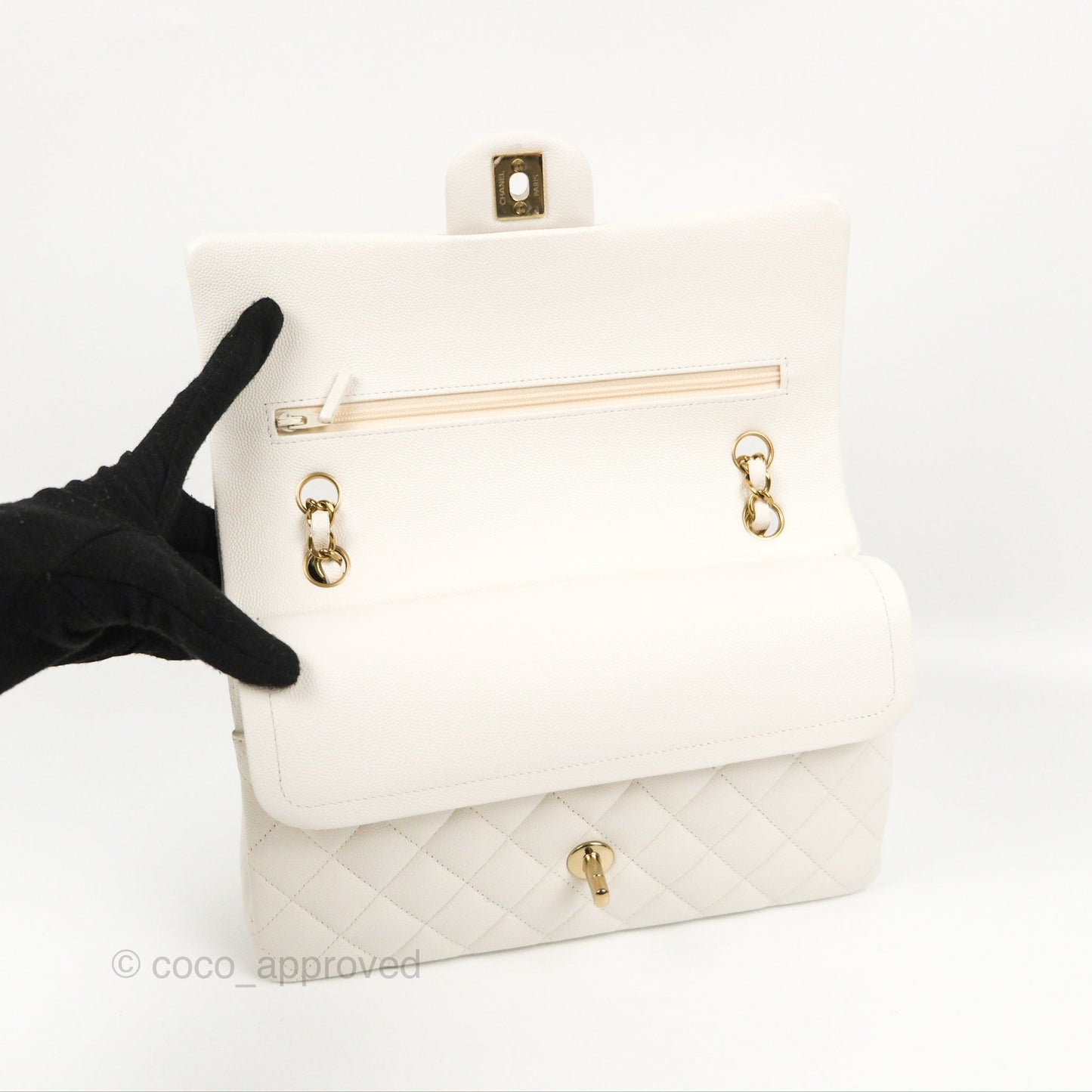 Chanel Classic M/L Medium Flap Quilted White Caviar Gold Hardware