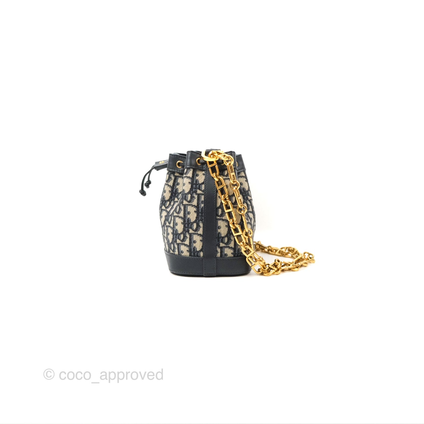 Dior Drawstring Chain Bucket Bag Navy Oblique Canvas