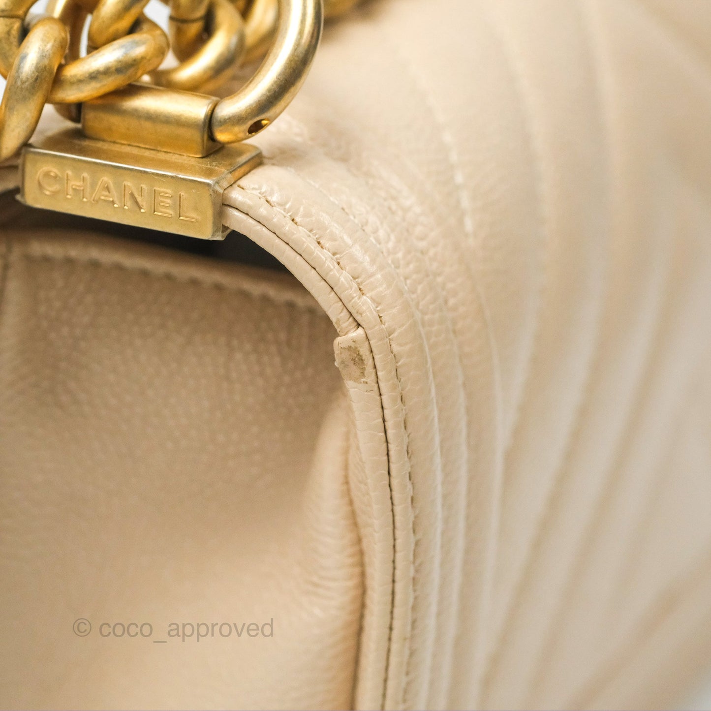 Chanel Chevron Small Boy Cream Ivory Caviar Aged Gold Hardware