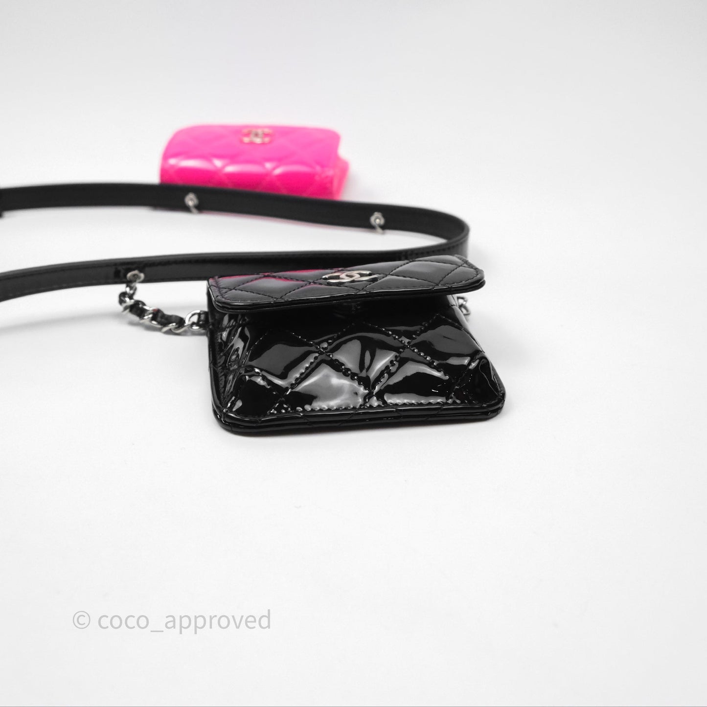 Chanel Double Waist Belt Bag Patent Pink / Black Silver Hardware