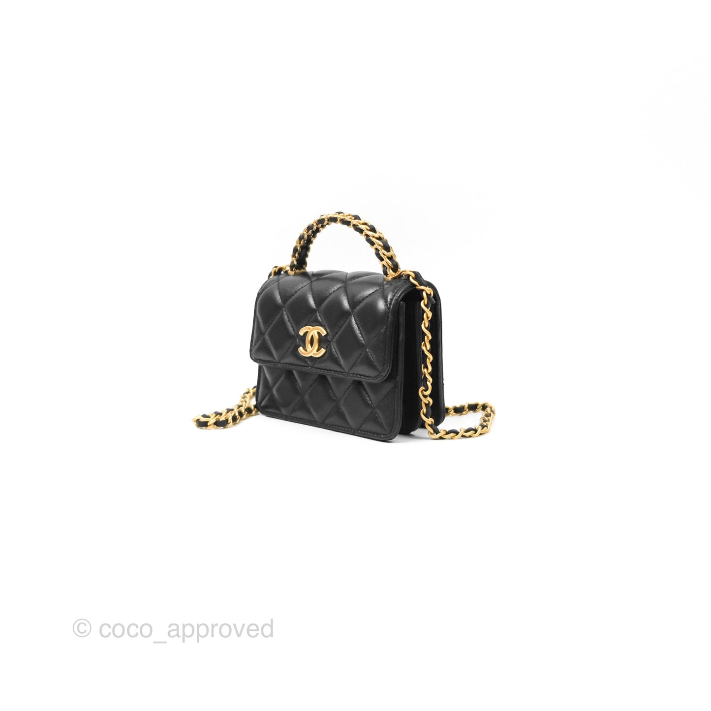 Chanel Top Handle Clutch With Chain Black Lambskin Aged Gold Hardware