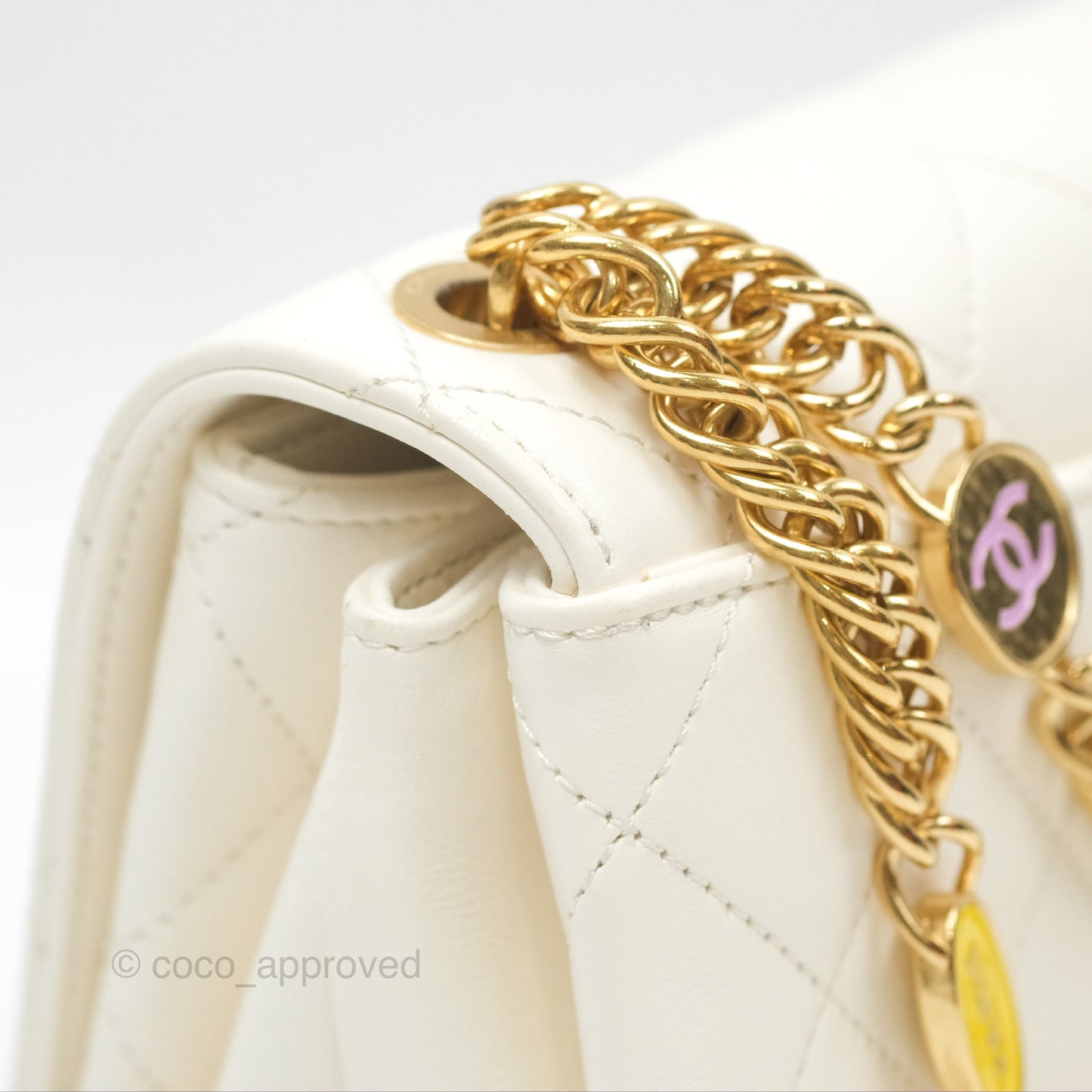 Chanel Mini Flap Bag with Enamel Charm Chain White Lambskin Gold Hardware