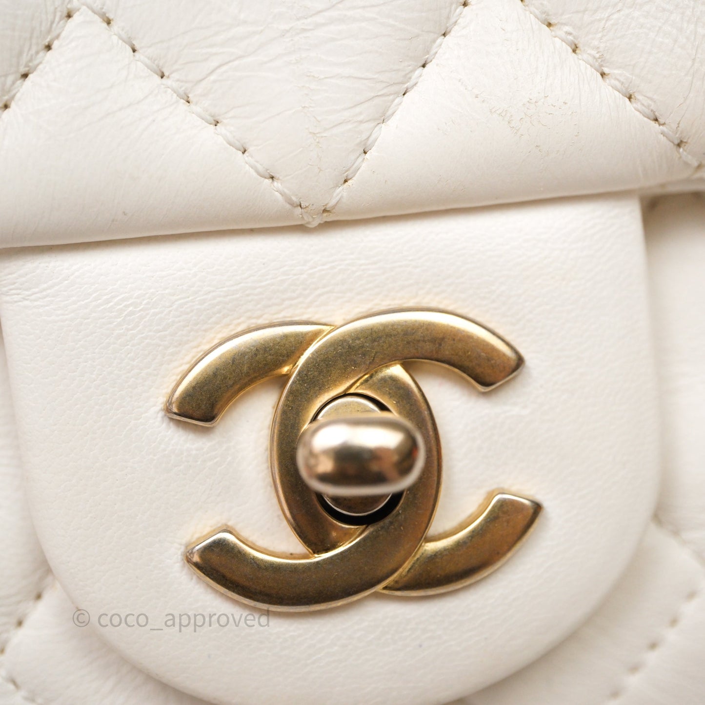 Chanel Mini Rectangular Pearl Crush Quilted White Lambskin Aged Gold Hardware