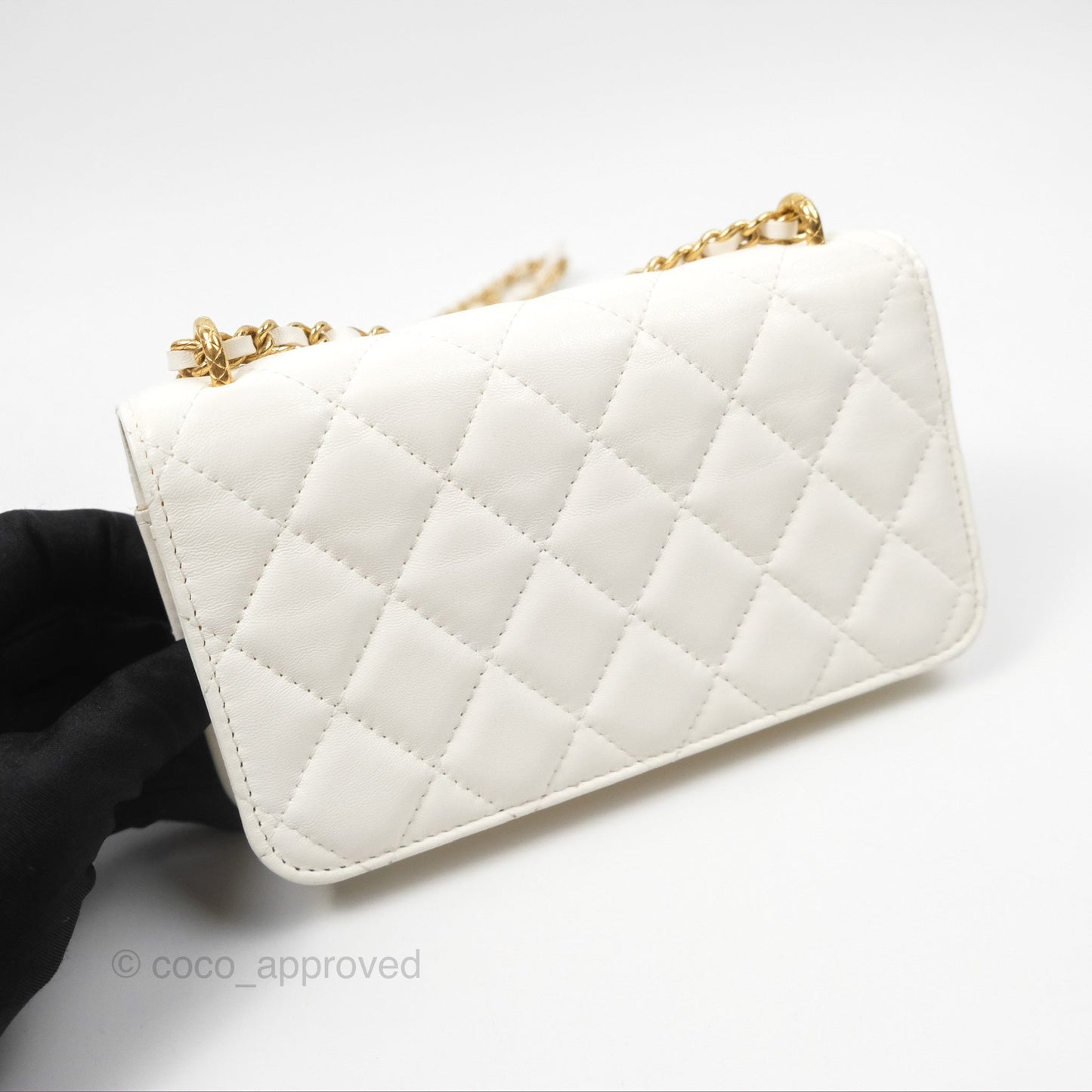Chanel Dynasty Phone Holder with Chain White Ivory Lambskin Aged Gold Hardware