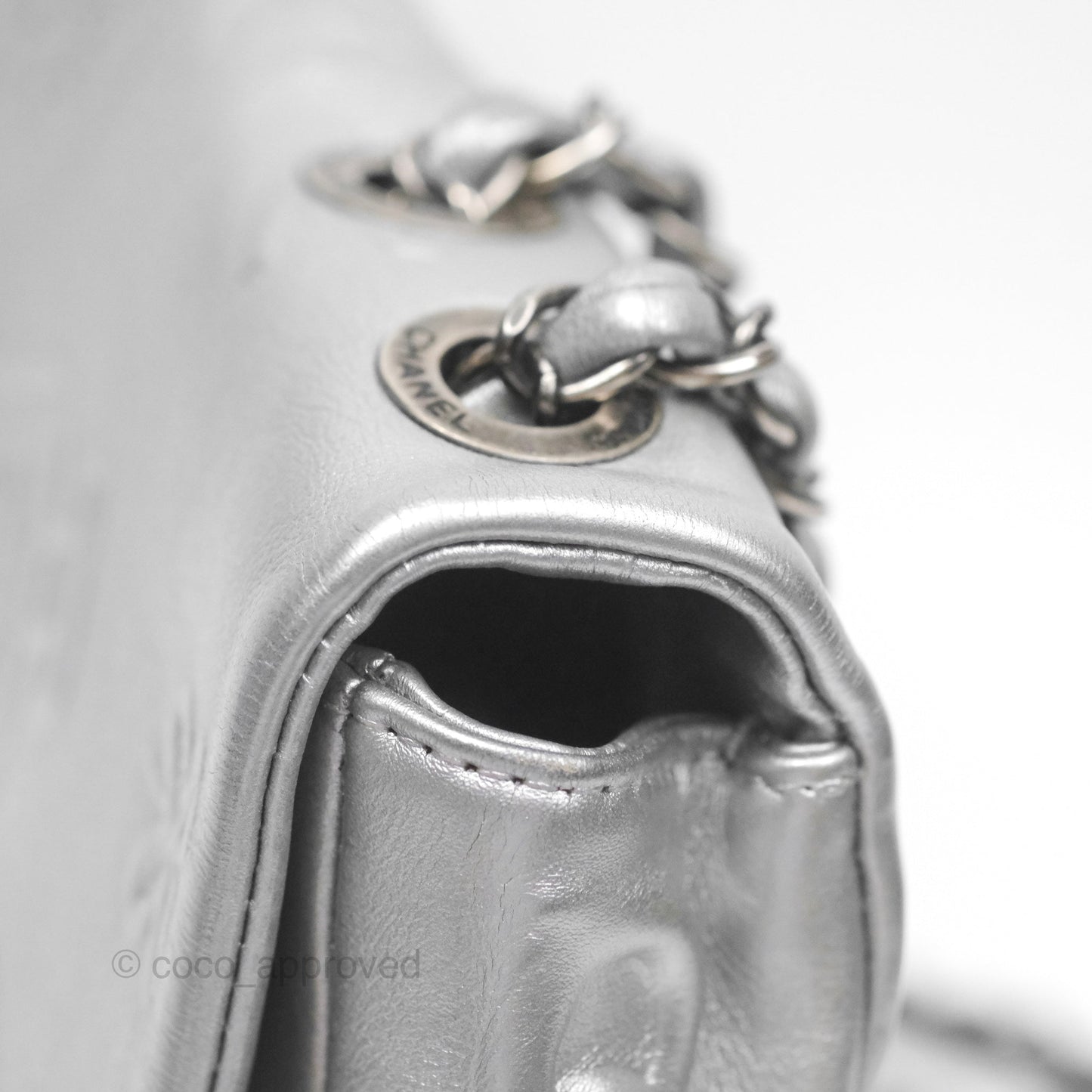 Chanel Medium Single Flap Embossed Metallic Silver Lambskin Ruthenium Hardware