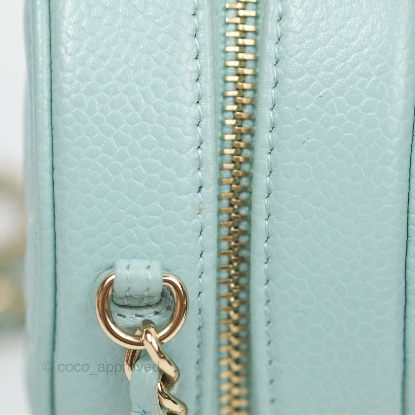 Chanel Camellia Embossed Round Clutch With Chain Light Tiffany Blue Caviar