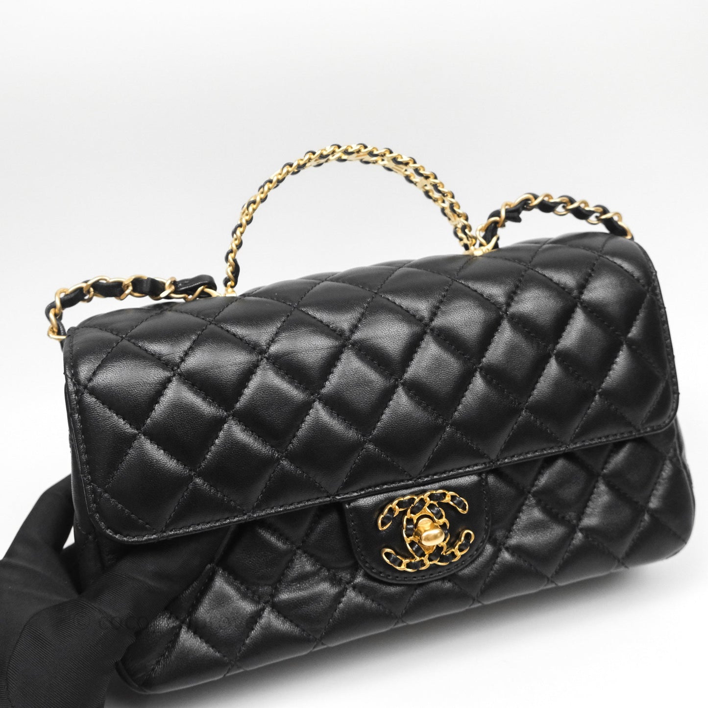 Chanel Logo Top Handle Small Flap Bag Black Lambskin Gold Hardware 24C