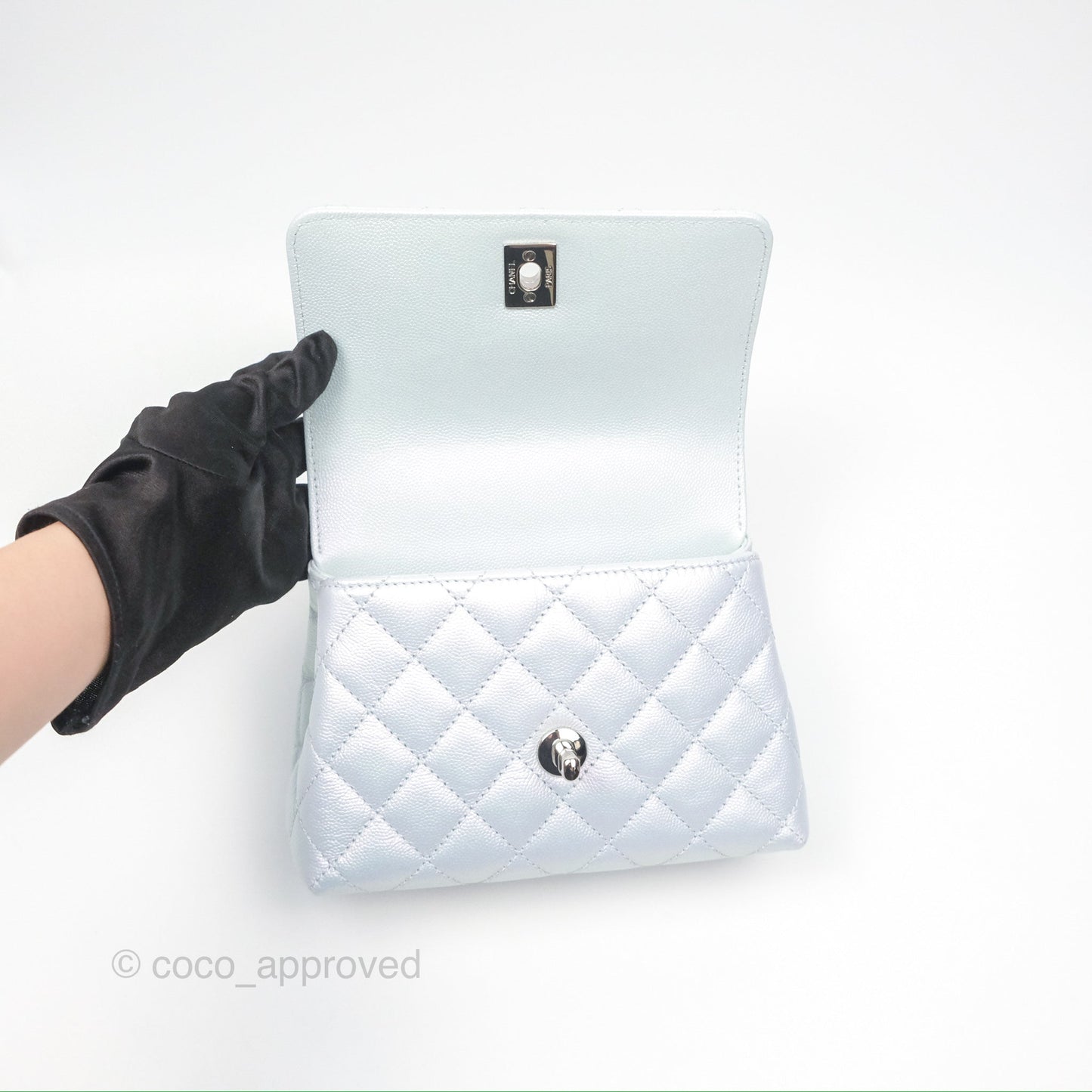 Chanel Mini Coco Handle Quilted Iridescent Light Blue Caviar Rainbow Hardware 21K