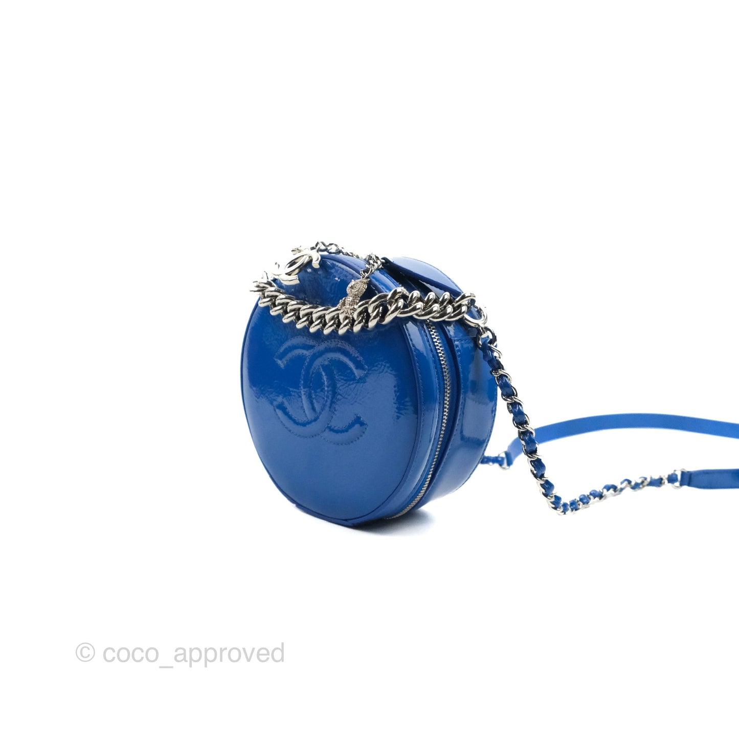 Chanel Round As Earth Bag with Owl Charm Blue Patent Silver Hardware