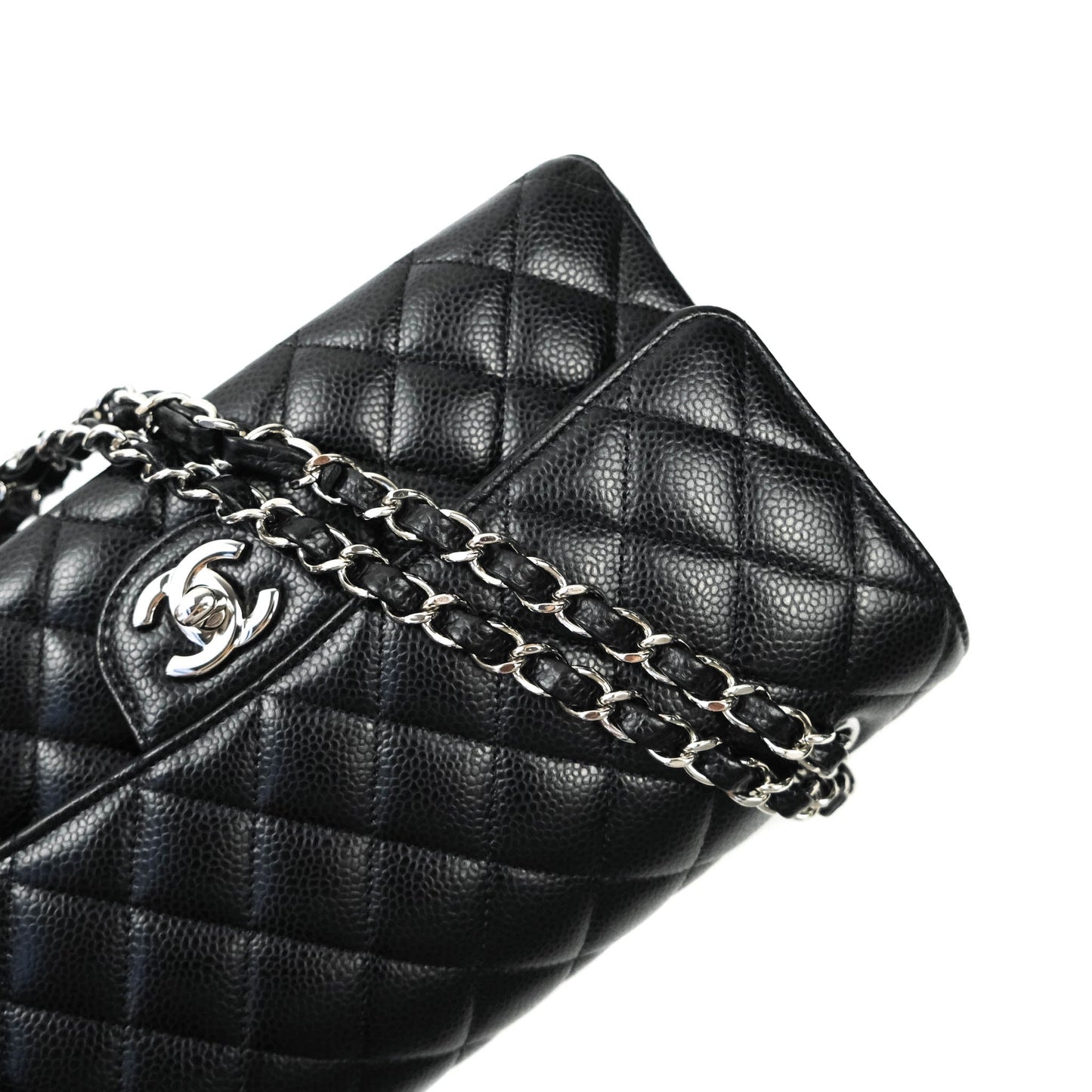 Chanel Classic M/L Medium Double Flap Bag Black Caviar Silver Hardware