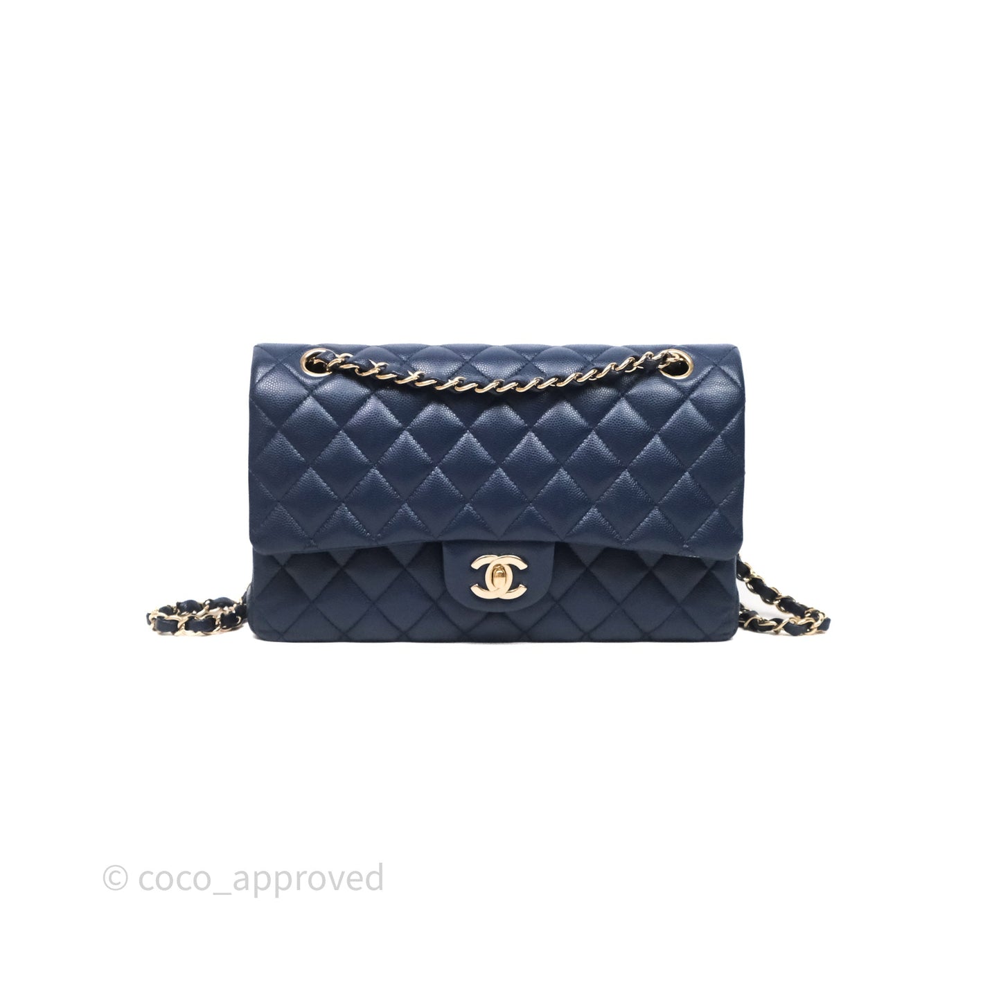Chanel Medium Classic Flap Quilted Dark Blue Caviar Gold Hardware