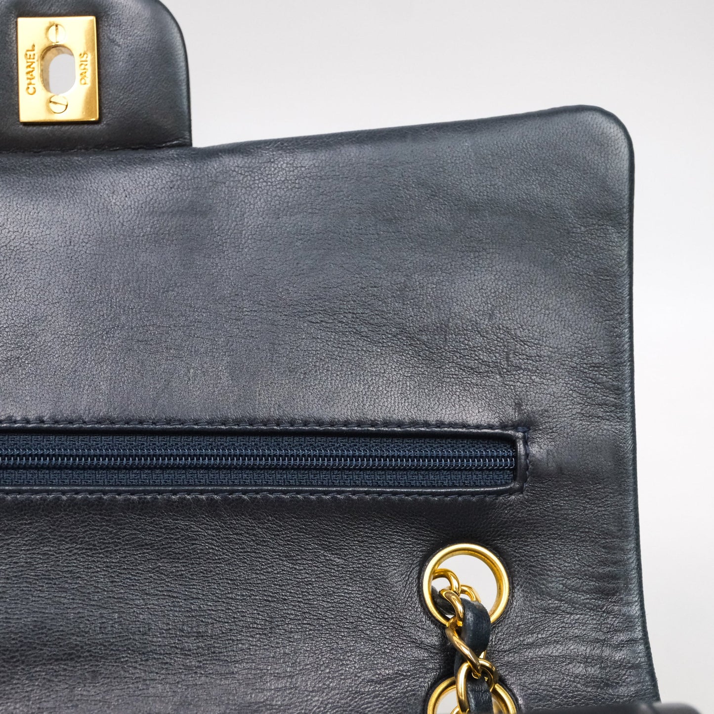 Chanel Vintage M/L Lambskin Medium Double Flap Bag Navy 24K Gold Hardware