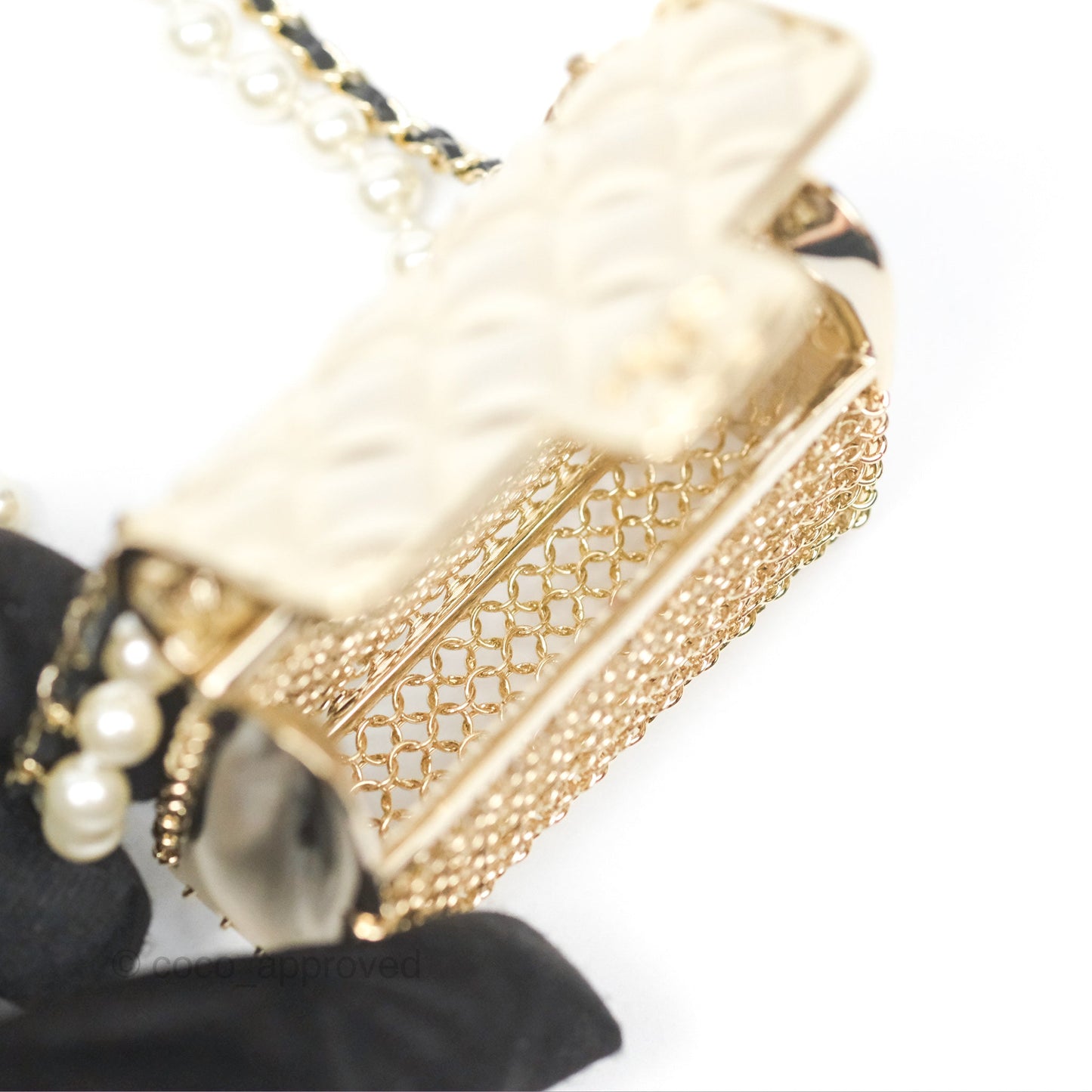 Chanel Flap Bag Charm Pearl Chain Black Leather Long Necklace Gold Tone 21S