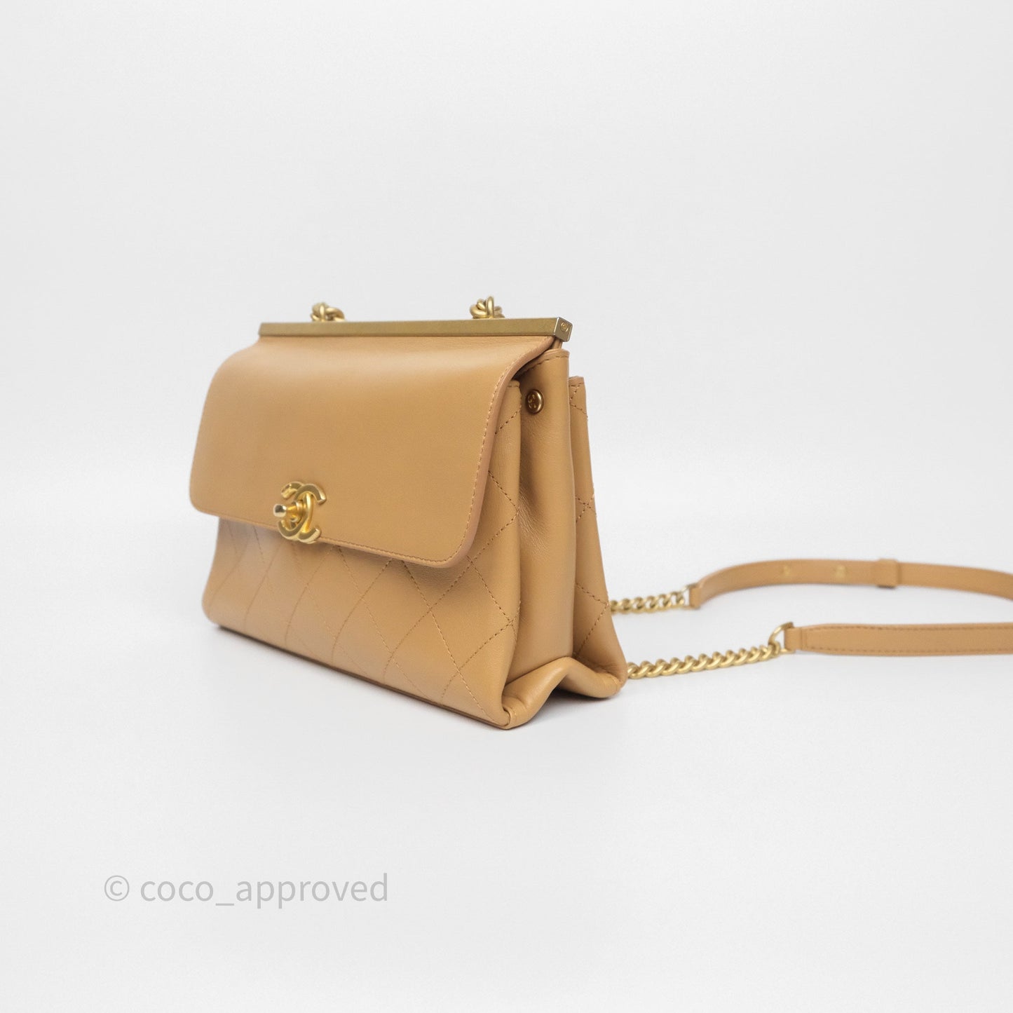 Chanel Small Coco Luxe Flap Bag Caramel Beige Calfskin Aged Gold Hardware