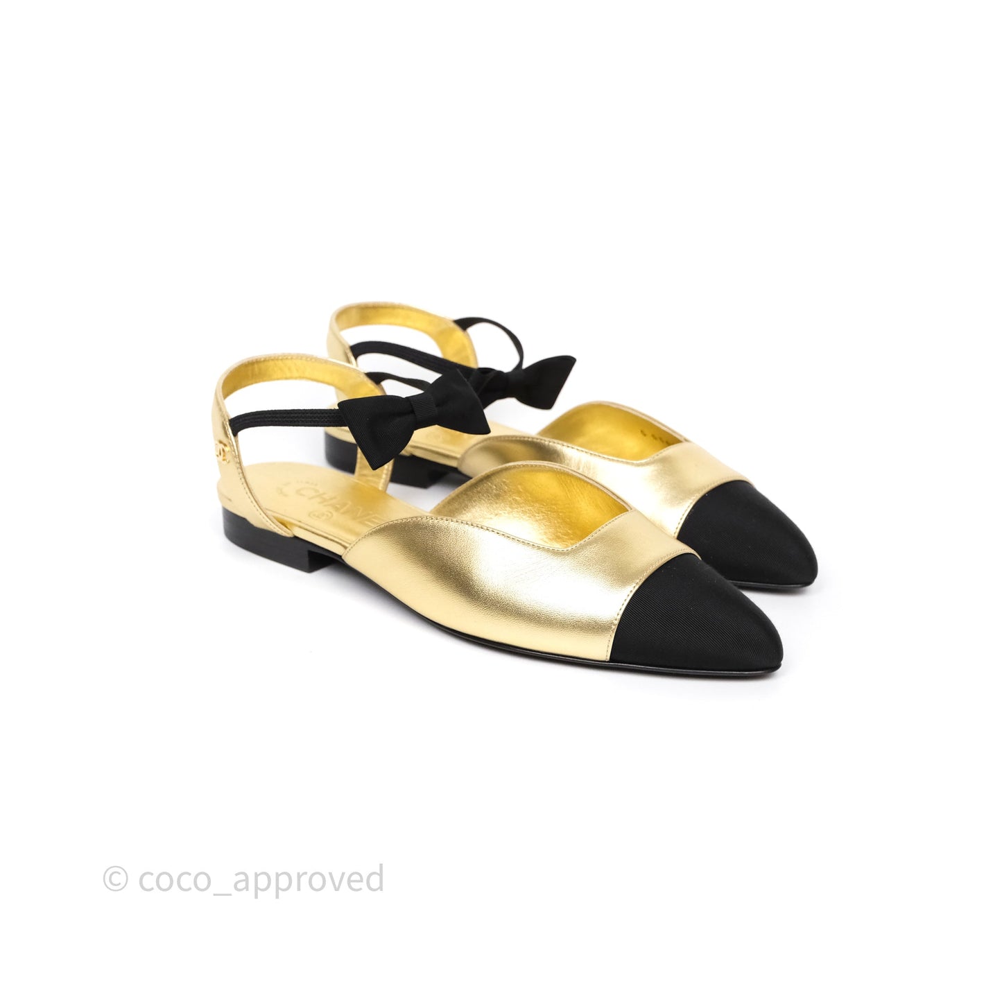 Chanel Bow Two-Tone Slingback Flats Gold/ Black Size 37.5