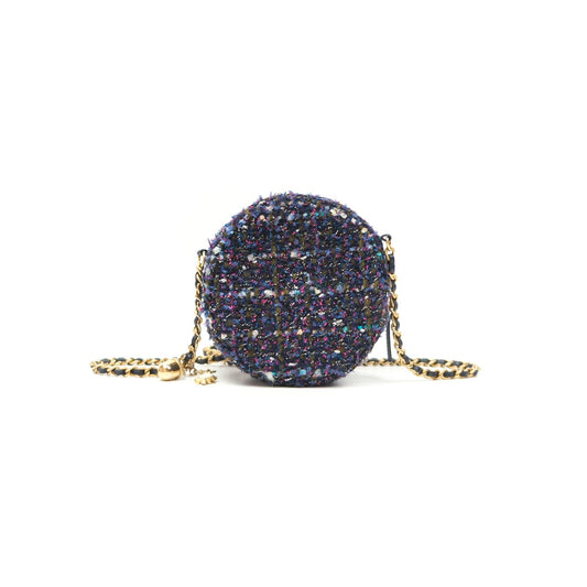 Chanel Classic Quilted Round Clutch With Chain Navy Tweed Gold Hardware